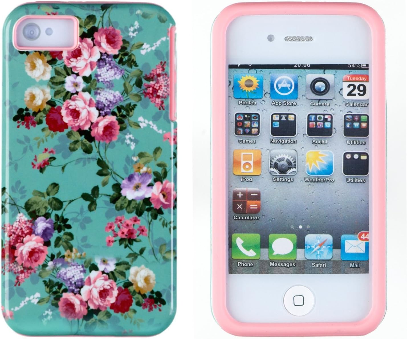 DandyCase 2in1 Hybrid High Impact Hard Vintage Sea Green Floral Pattern + Pink Silicone Case Cover for Apple iPhone 4S & iPhone 4 + DandyCase Screen Cleaner