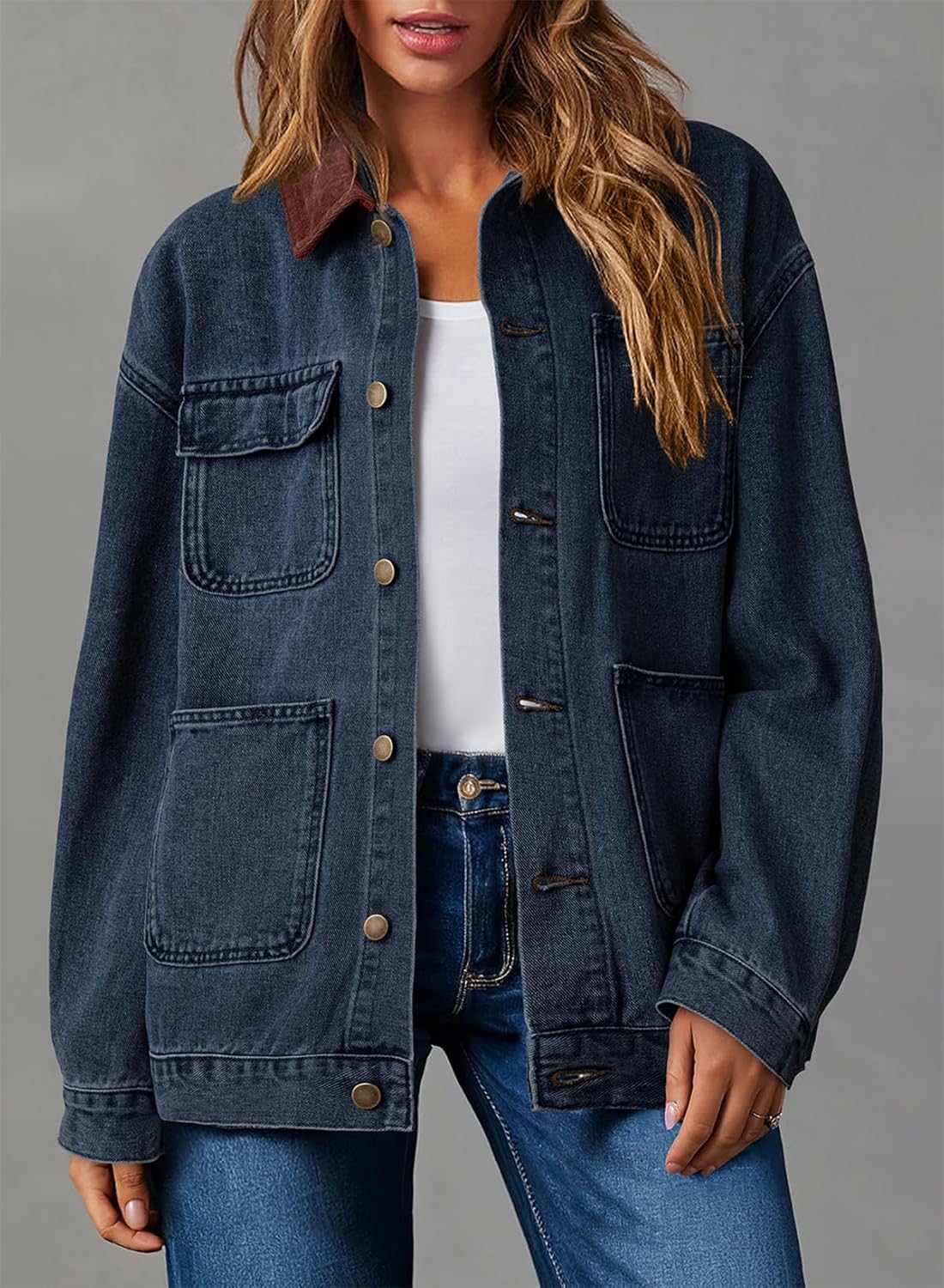 Dokotoo Jean Jacket Women Trendy Fall Fashion Long Sleeve Denim Jacket Corduroy Collar Barn Jackets Oversized Coat 2025 - Image 5