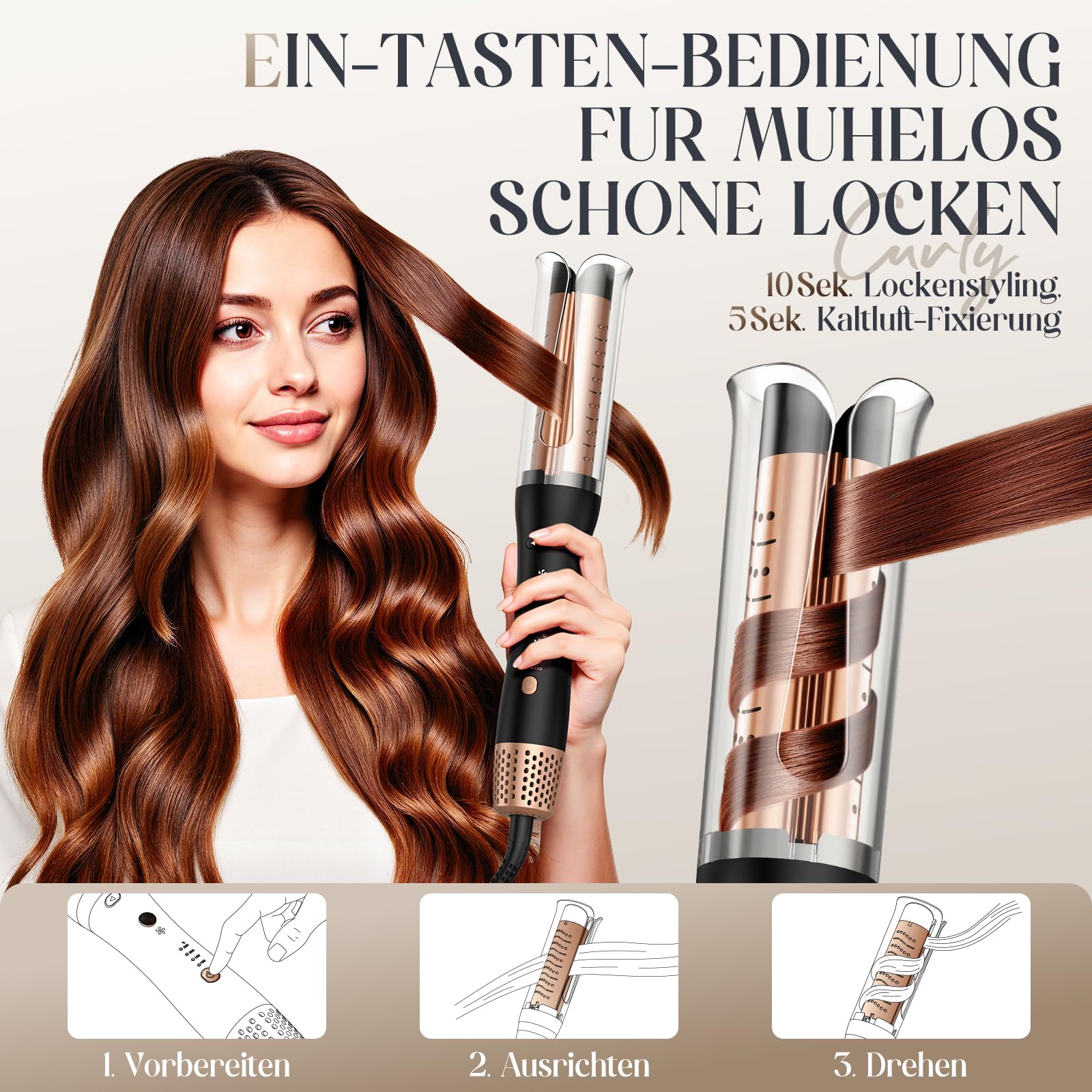Kaltluft Lockenstab Automatisch – 32mm Beach Waves Curler, 4 Temperaturstufen (150–230°C), Anti-Verbrennungs, Automatischer Rotierender Lockenstab für Große & Kleine Locken, Roségold