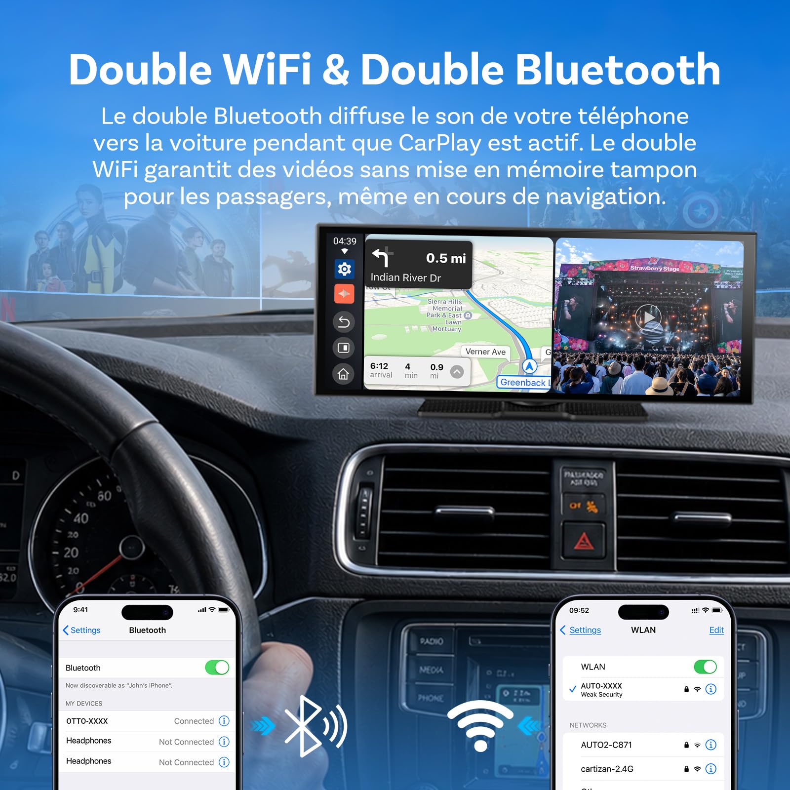 OTTOCAST ScreenFlow, Écran CarPlay 11,4" Pouces,visionnage Youtube/Tiktok, CarPlay et Android Auto,carplay Voiture, écran Tactile 1920 x 720 Pixels, caméra de recul 1080p, Android 13 OS