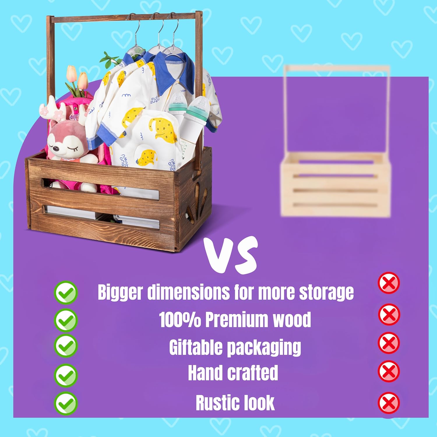 AONEHOME Baby Shower Crate, Large Pine Wood Baby Basket with Hanging Rods, Personalized Clothes Display & Storage Organizer, Baby Shower Centerpiece Decoration