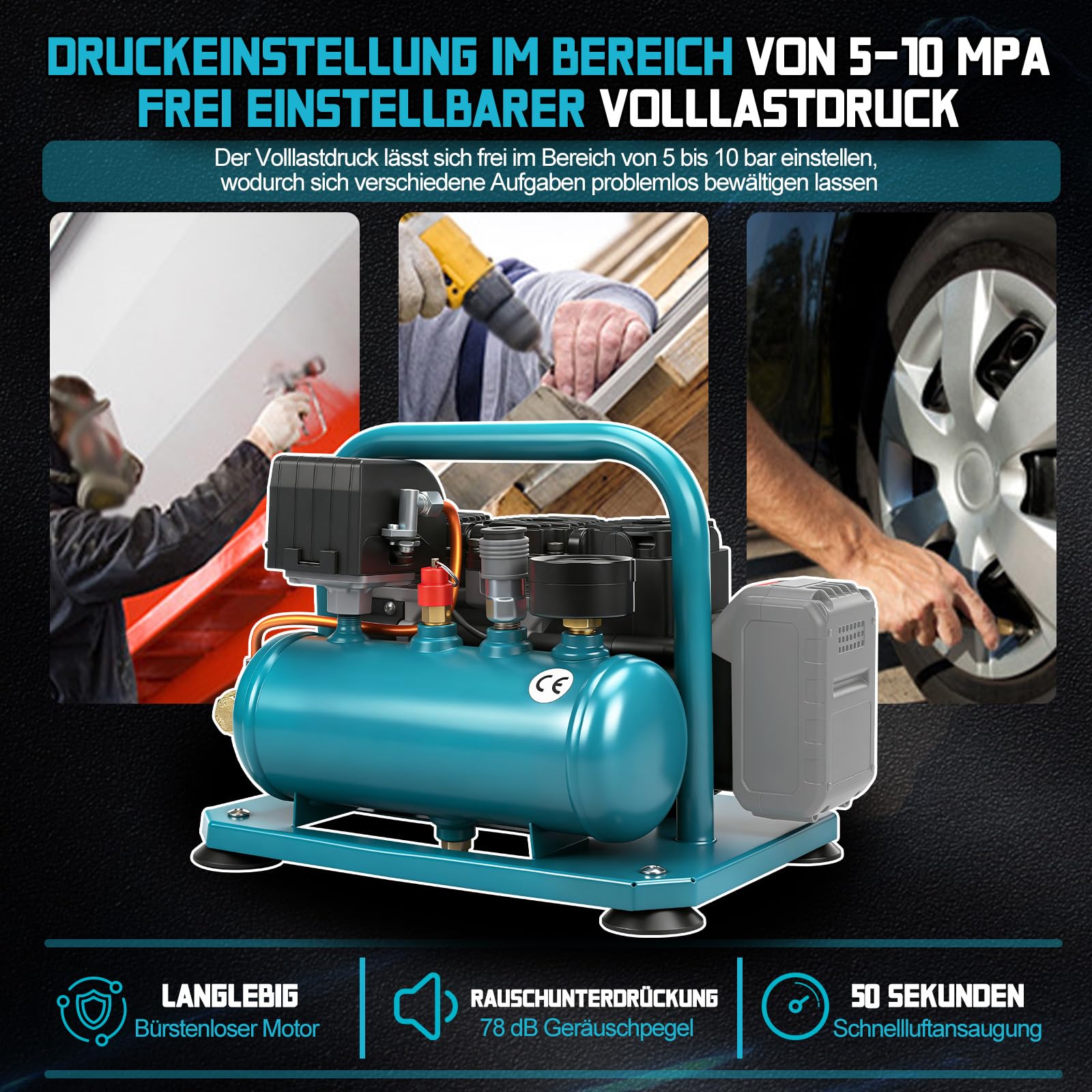 Akku Kompressor Druckluftkompressor für Makita 18V Akku, 8bar Arbeitsdruck | Tragbarer Luftkompressor, 3L Gasflaschenkapazität, Schnell aufblasen für pneumatischen Werkzeugen