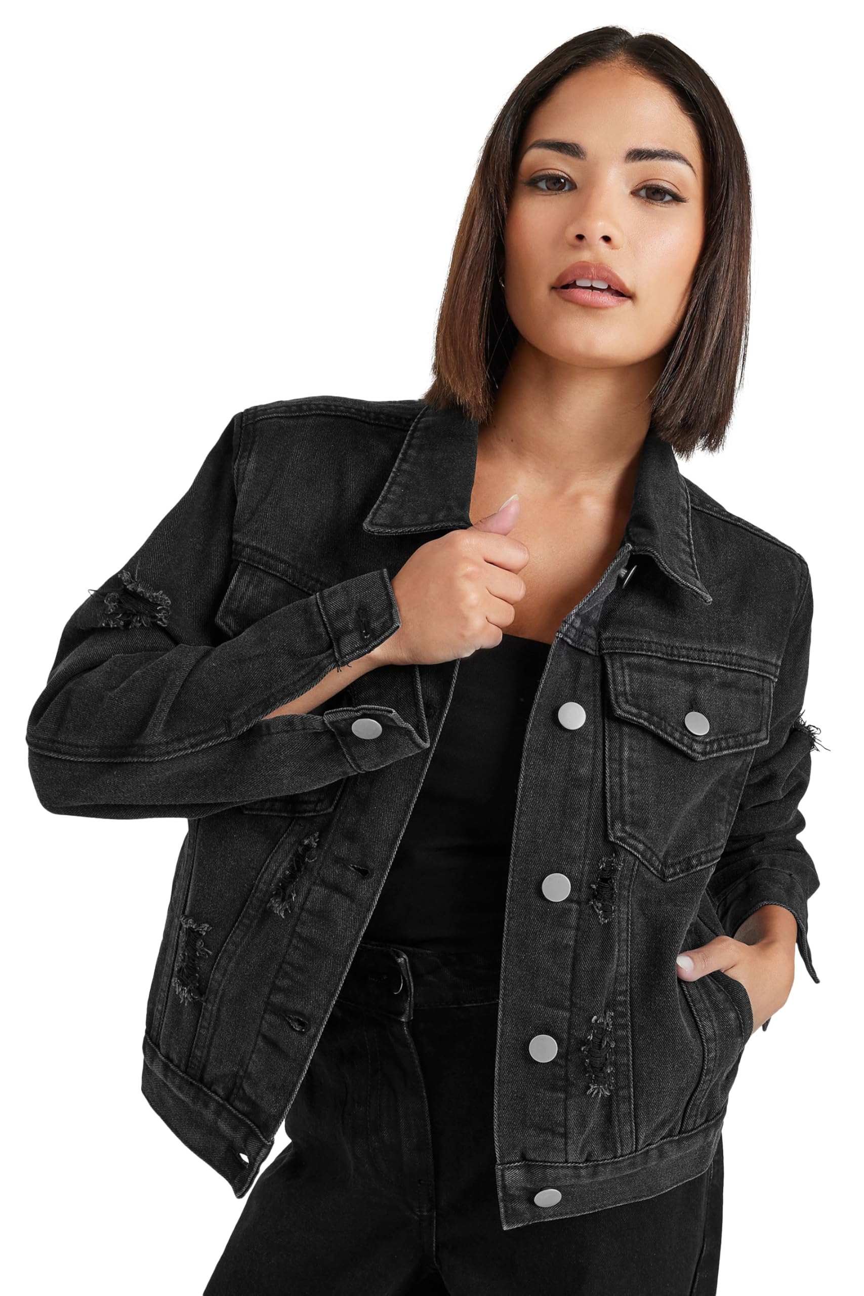 PixieGirl Women's Petite Denim Jacket in Black | Size: 10