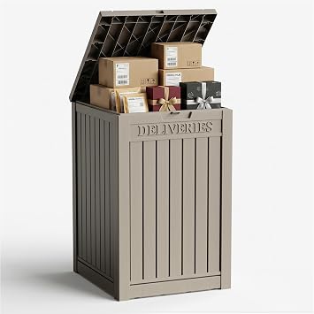 Package Delivery Boxes Outside Secure Waterproof Resin UV Resistant Lockable Mail Parcel Drop Mailbox Storage Deck Box for Outdoor Porch Patio Grey, 55 Gallon