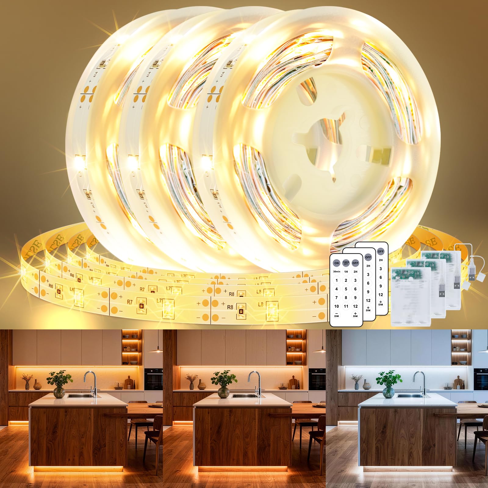 3 Pack 9.9FT LED strip light Battery & USB Powered with Remote, 12 Modes, Self-Adhesive, Flexible, Dimmable, Timer, 2700K-6000K Tunable White Cuttable LED Lights for Bedroom Shelves Bedroom Closet TV