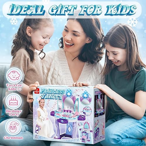 Miniatura 8 de Lehoo Castle Juego de Mesa de Tocador y Silla para Niñas, Mesa de Maquillaje para Niñas con Espejo, Taburete, Luces, Música, Juego de Tocador