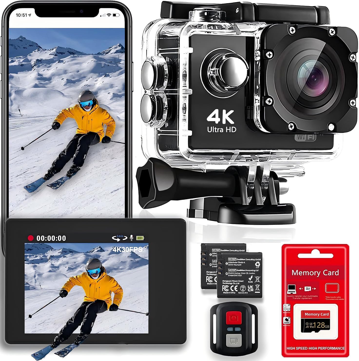 4K 30FPS WiFi Action Camera- 98FT Waterproof Ultra HD Underwater Camera, 170° Wide Angle 2.0″ Screen, Sports Camera with 2 Batteries, 128GB Memory Card, Mounting Accessories Kit 4K 30FPS WiFi Action Camera- 98FT Waterproof Ultra HD Underwater Camera, 170° Wide Angle 2.0″ Screen, Sports Camera with 2 Batteries, 128GB Memory Card, Mounting Accessories Kit