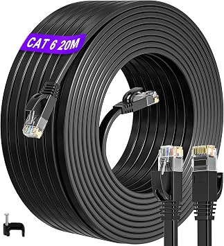 ikbc Lan Kabel 20 meter Cat 6 networking cable Flat 20m RJ45 cable Black High Speed Internet Cable 1Gbps LAN Flat Cable Under Carpet Gigabit Ethernet Cable for Modem and Router Includes 25 Clips