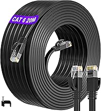 ikbc Ethernet Cable 20m, Cat 6 Flat Internet Cable 20m High Speed, Gigabit RJ45 Lan Cable Cat 6 20 Meter, 1000Mbps Patch Cord Black for Router (20 Clips)