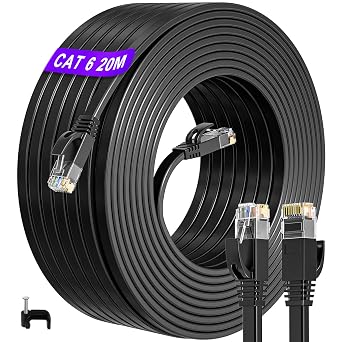 ikbc Ethernet Cable 20m, Cat 6 Flat Black, Gigabit RJ45 LAN Network Lead