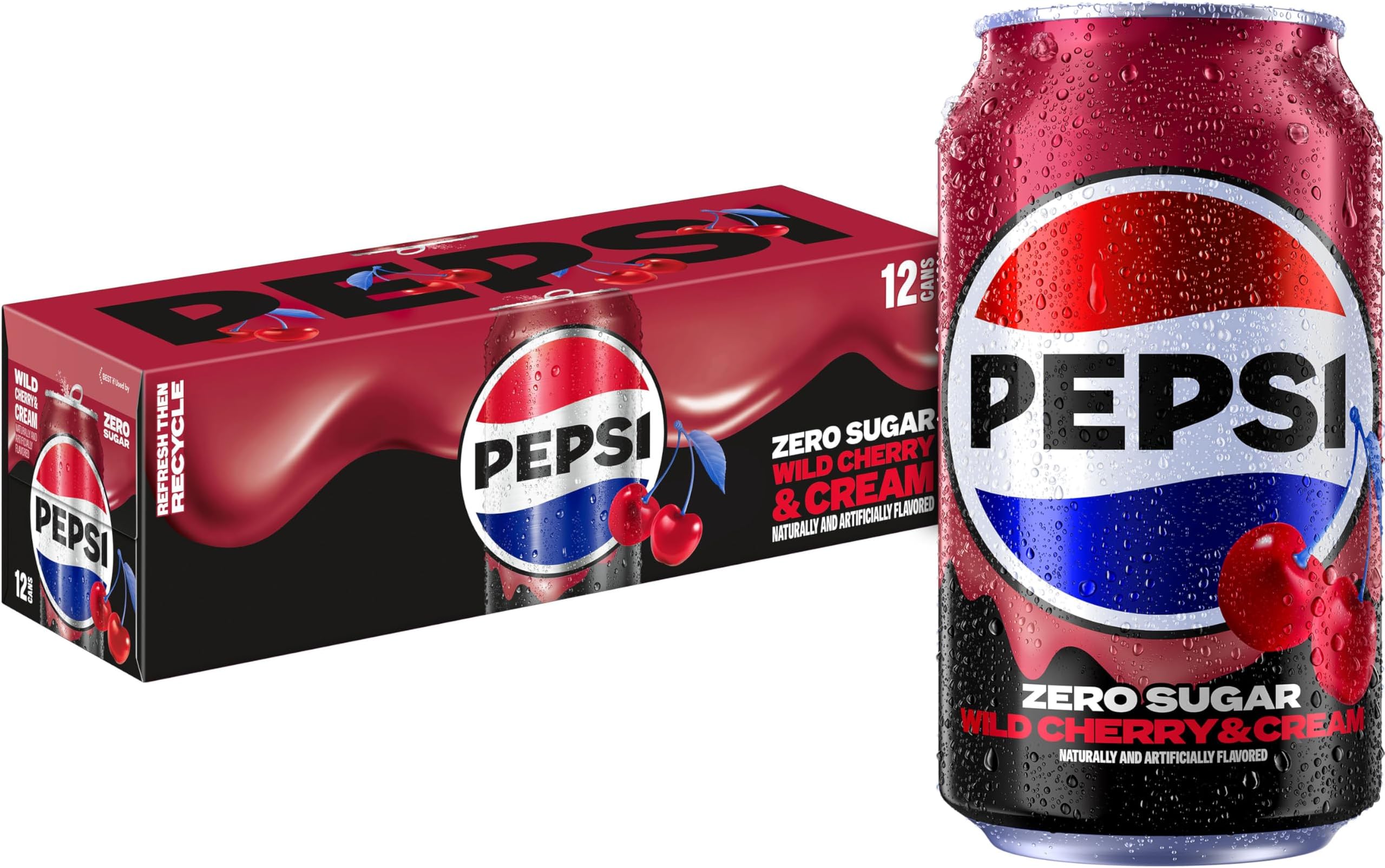 Zero Sugar Cola Soda Pop, Wild Cherry & Cream, 12 fl oz Cans (12 Pack), Zero Calories, Zero Sugar