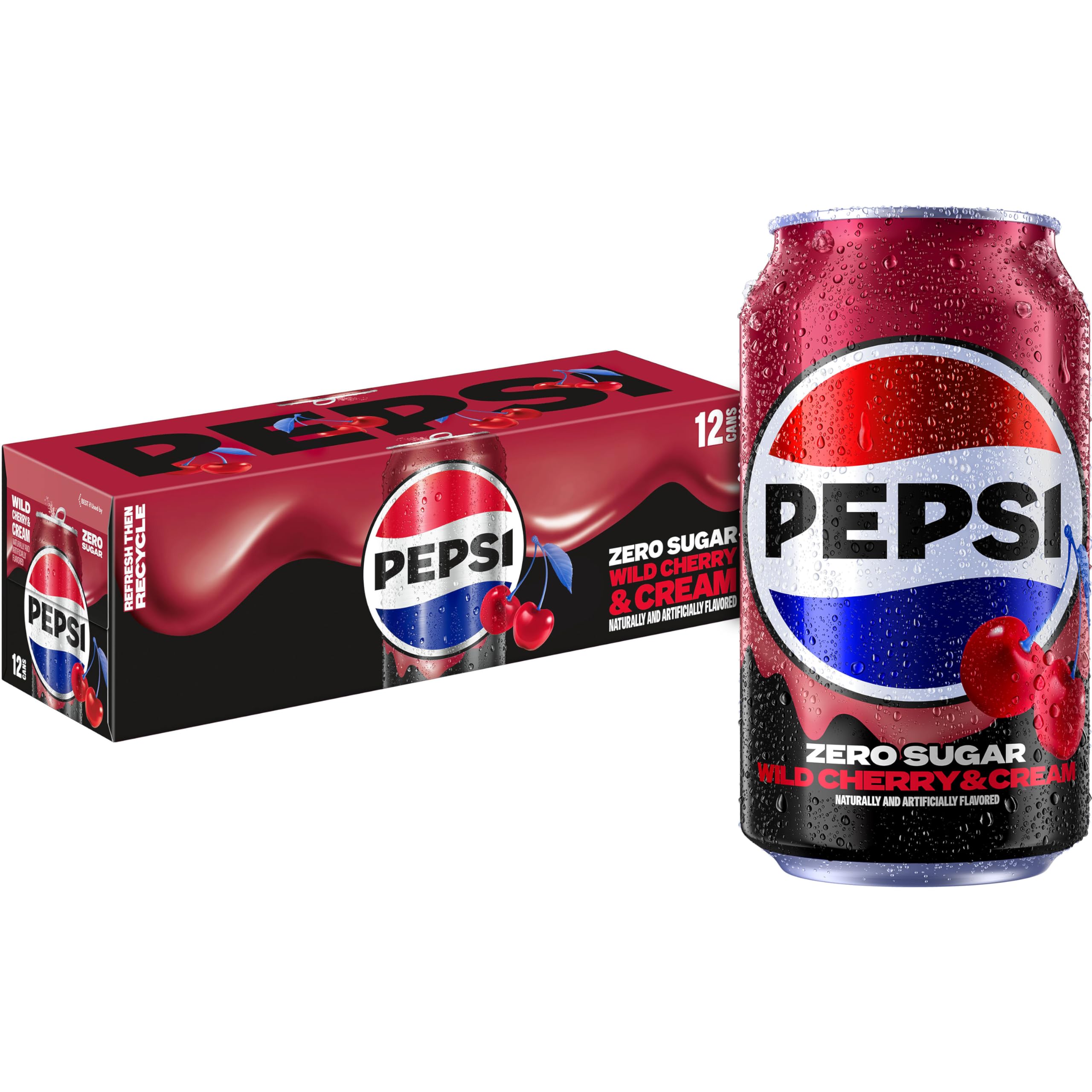 pepsi zero sugar cola soda pop, wild cherry & cream, 12 fl oz cans (12 pack), zero calories, zero sugar