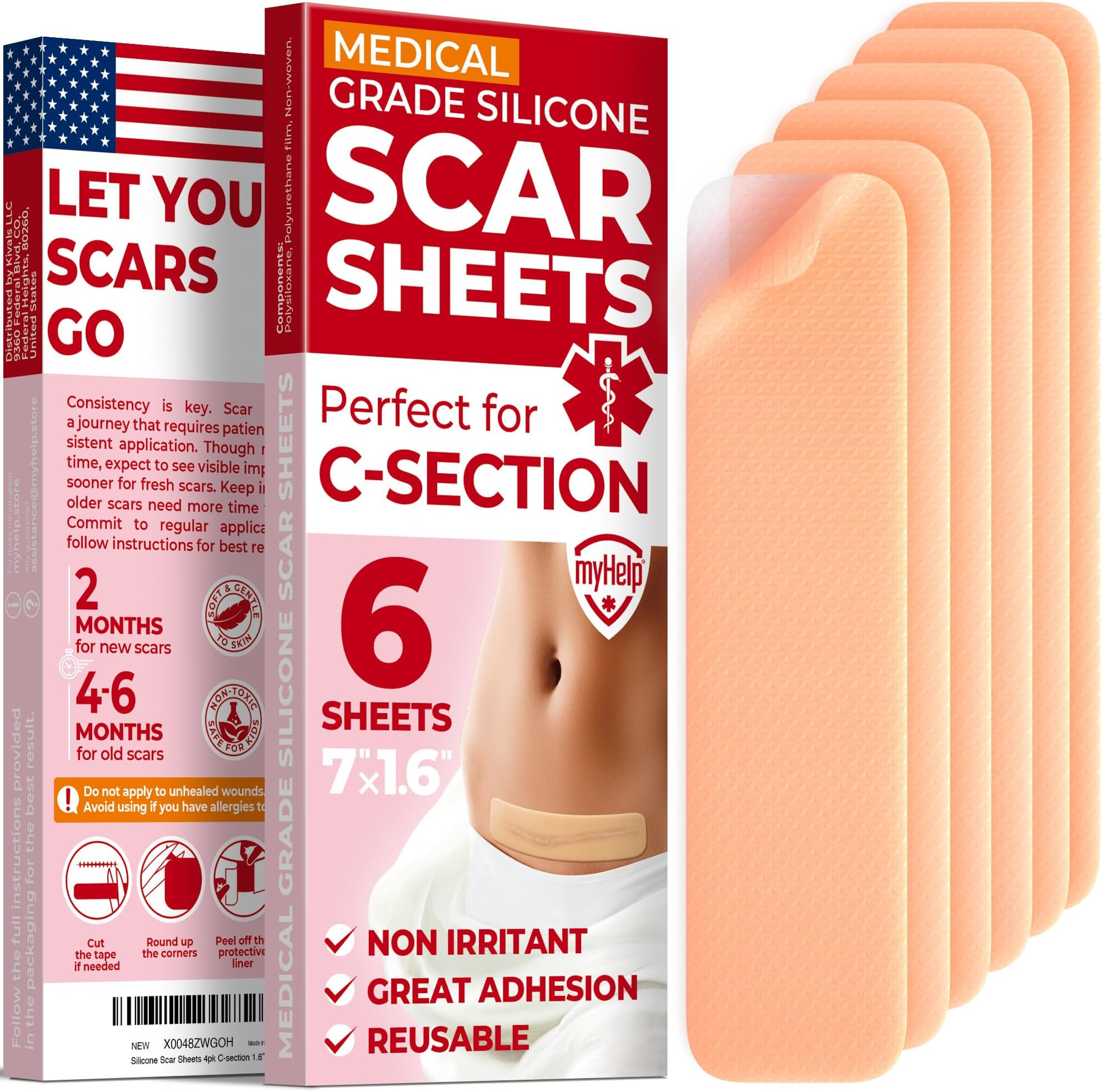 Medical Grade Silicone Scar Sheets - 6pk (7”x1.6”) - Visible Difference on C-Section Scars - Reusable Silicone Sheets for Scars - Easy to Use C Section Scar Silicone Strips