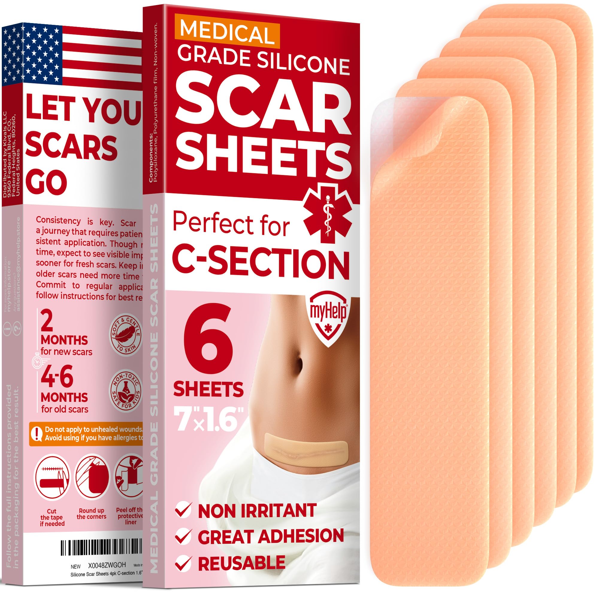 Medical Grade Silicone Scar Sheets - 6pk (7”x1.6”) - Visible Difference on C-Section Scars - Reusable Silicone Sheets for Scars - Easy to Use C Section Scar Silicone Strips