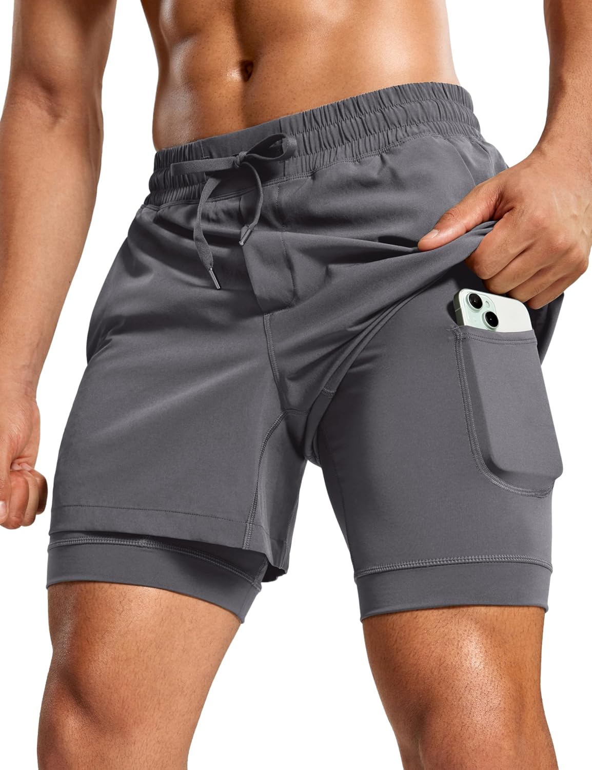 CRZ YOGA Mens 2 in 1 Long Liner Shorts 5" - Lined Running Quick Dry for Workout Gym Basketball Athletic with Pockets