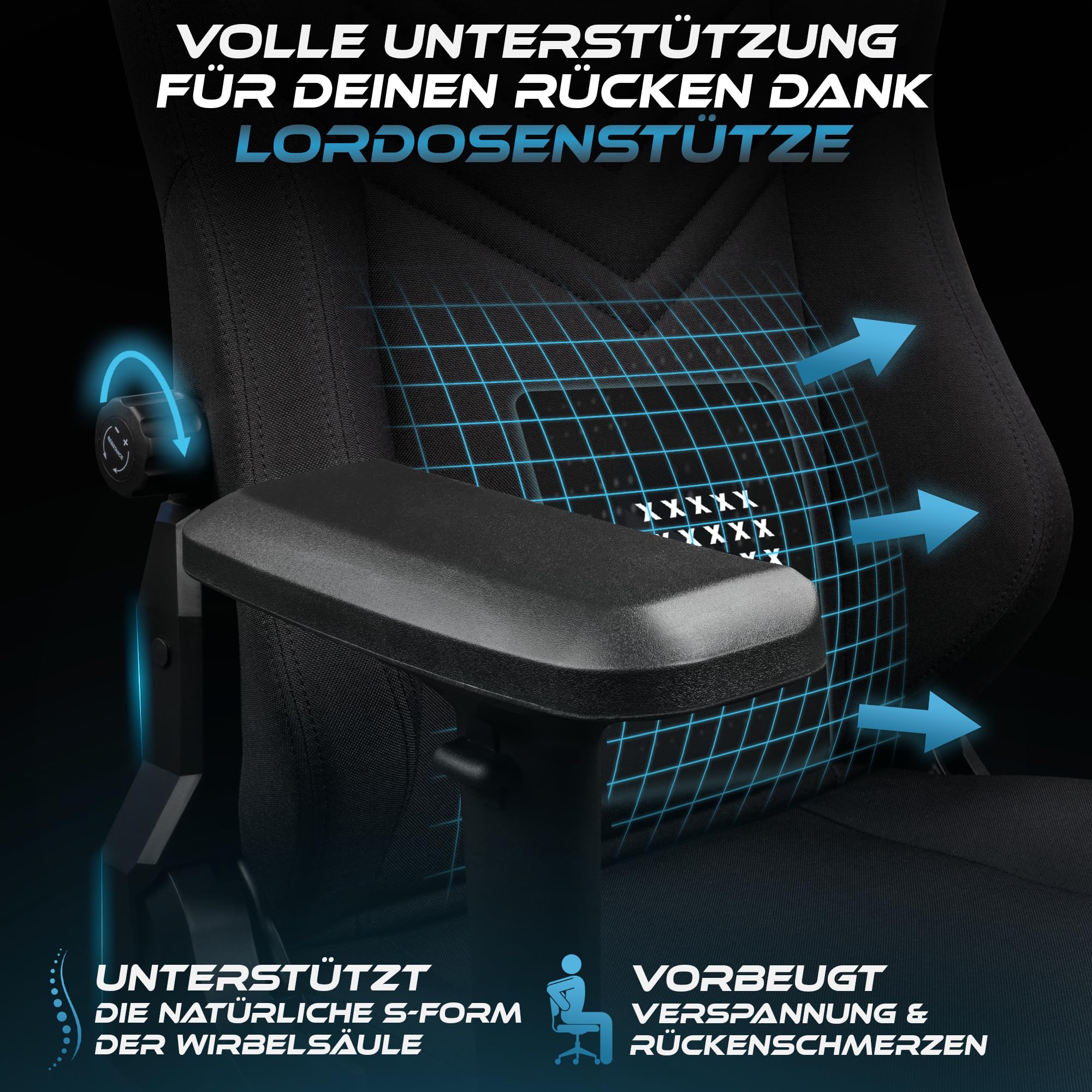 Ultimatrix FURY Gaming Stuhl Ergonomisch [TESTSIEGER] Integrierte Lordosenstütze, 4D-Armlehnen, Atmungsaktiver Stoff, Fußstütze, Gamingstuhl Kaltschaum, Gaming Chair 150kg, Schreibtischstuhl (Schwarz)