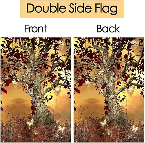 Miniatura 4 de Bandera de jardín de otoño con diseño de cuentos de hadas de fantasía, árbol, puesta de sol, mariposas, hierba, 28 x 40 pulgadas, pequeña, vertical