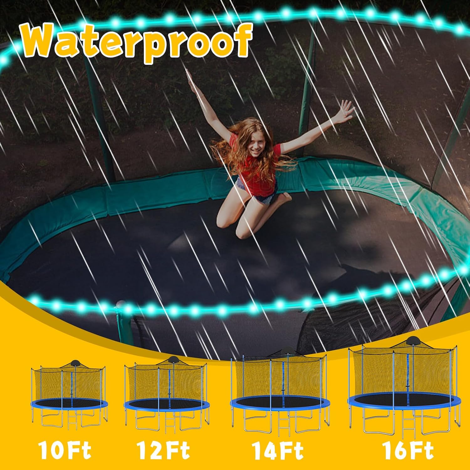 Trampoline Lights Kit, 16 Color Change Jump Control Trampoline LED Lights for 16Ft 14Ft 12Ft 10Ft Trampoline Waterproof Battery Case Powered 14m