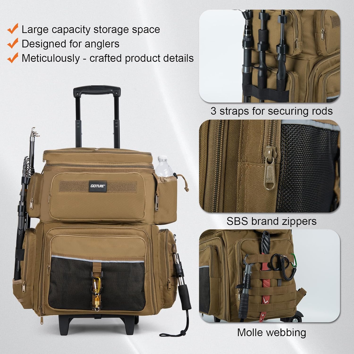 Goture 66L Rolling Tackle Box with Cooler, Khaki Large Fishing Bag with Wheels for 5 3700 Trays(Trays Not Included), Saltwater Resistant Tackle Backpack with Rod Holders