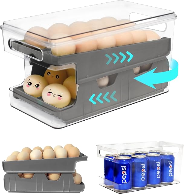 Virmate Rolling Egg Holder for Refrigerator, Double track 24 Egg Container for Refrigerator, Clear Egg Container Tray Bin for Fridge Refrigerator, Storage Box with Lid for Food, Drinks etc. (Gray)