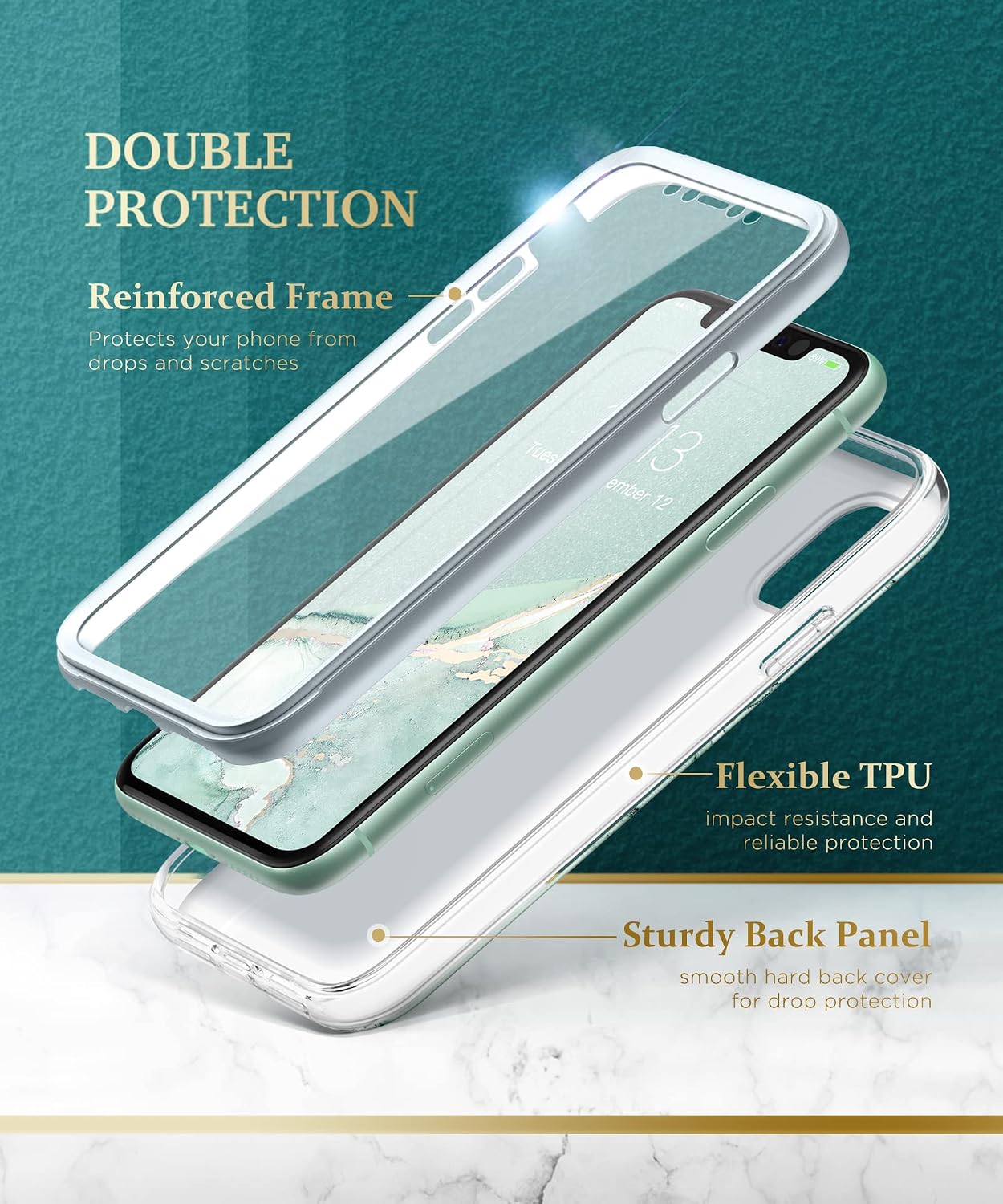 GVIEWIN Designed for iPhone 11 Case 6.1 Inch, [Built-in Screen Protector] [Full-Body Protection] Stylish Marble Shockproof Protective Phone Case Slim Thin Cover (2019 Release) (Mint Green)