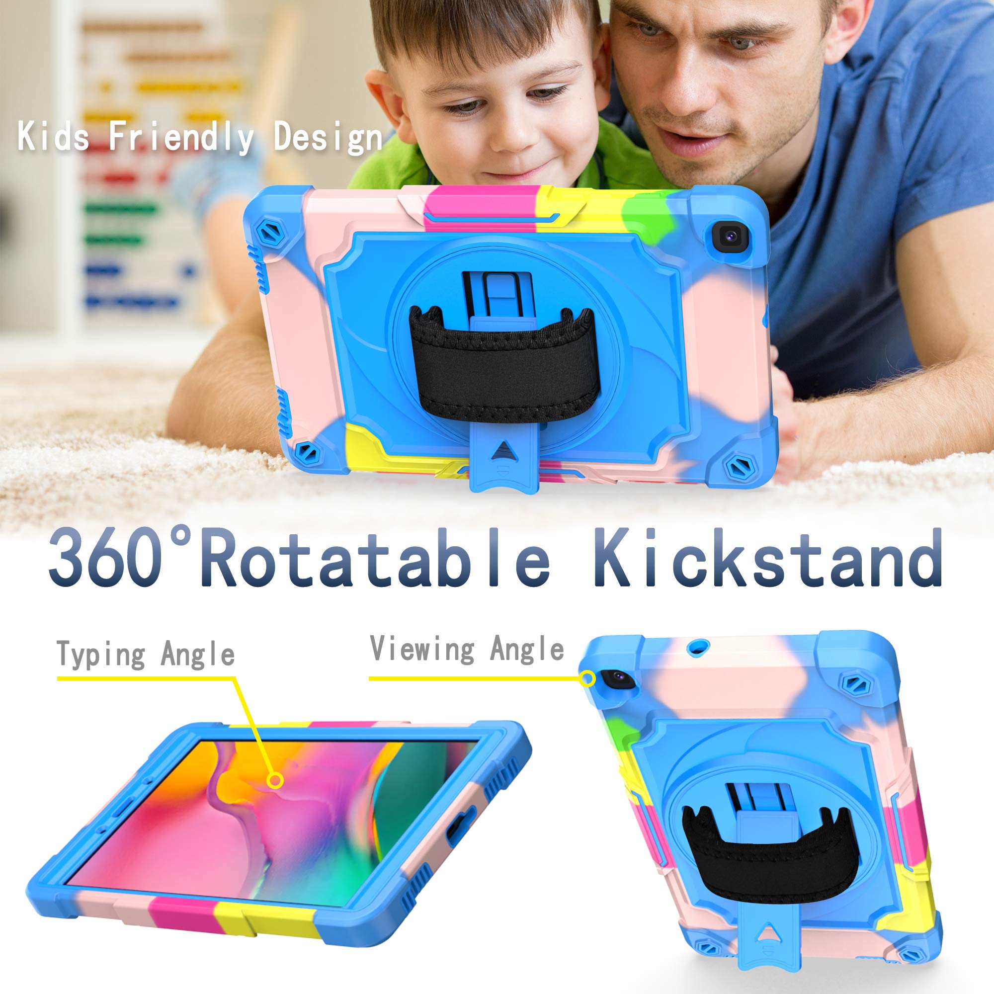 Funda para Galaxy Tab A 8.0 2019 SM-T290/T295, Carcasa Resistente Silicona con Bandolera, Soporte, Correa de Mano para 8.0 Pulgadas Galaxy Tab A 8.0" 2019, Camuflaje/Azul
