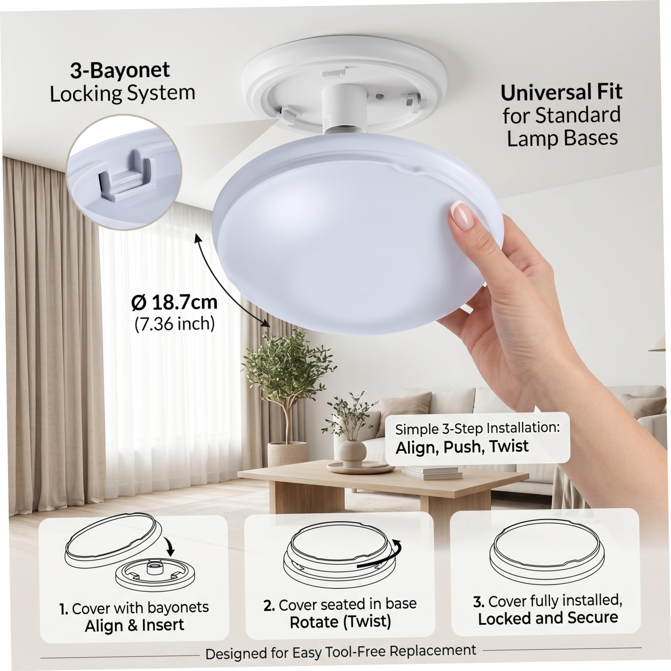 Reemplazo de globo para ventilador de techo, cubierta de luz para ventilador de techo resistente a roturas, globo acrílico de repuesto con cerradura de 3 giros, se adapta a 7, 36 pulgadas, cubierta de