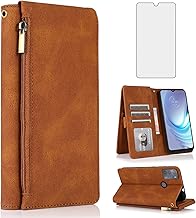 Asuwish Compatible with Motorola Moto G50 4G Wallet Case Tempered Glass Screen Protector Zipper Retro Leather Flip Cover Card Holder Stand Cell Accessories for MotoG50 G 50 50G 2021 Women Men Brown
