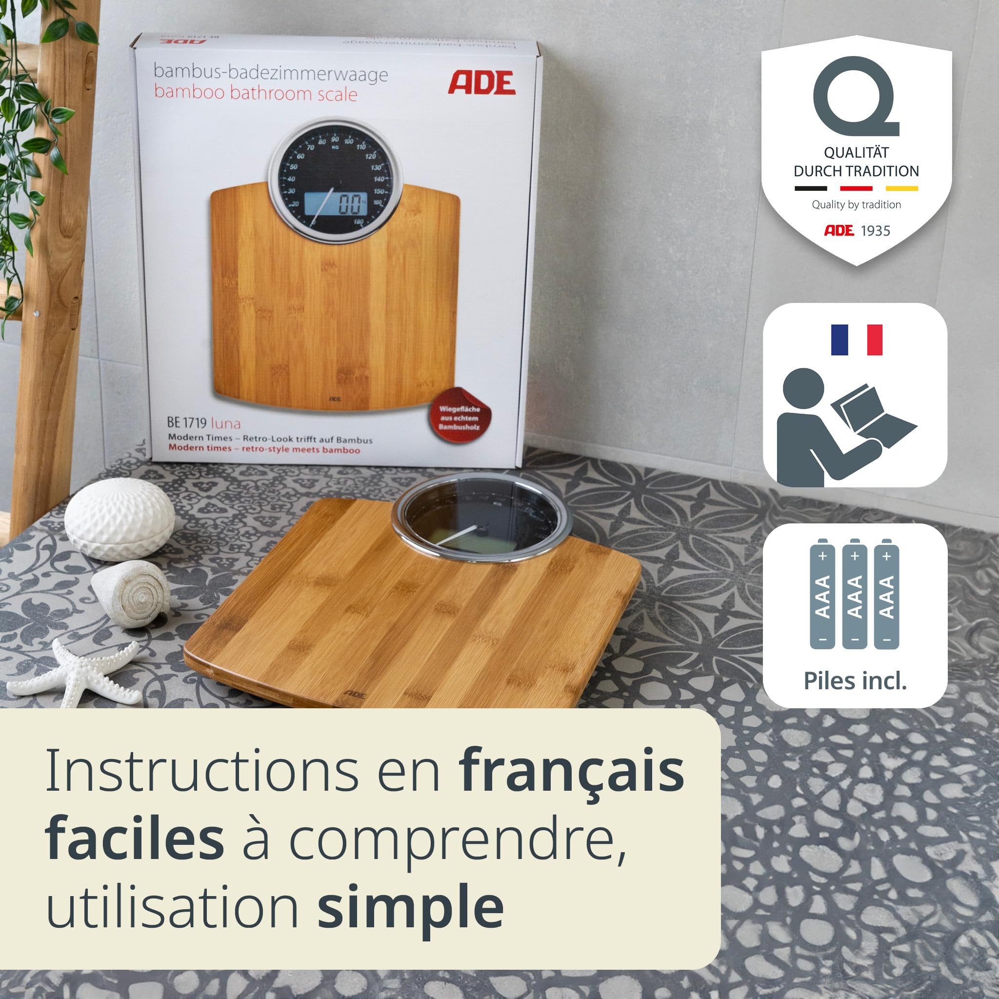 ADE Balance Pese personne numérique avec affichage analogique | grand écran | résultats très précis jusqu'à 180 kg | surface de pesée en véritable bois de bambou