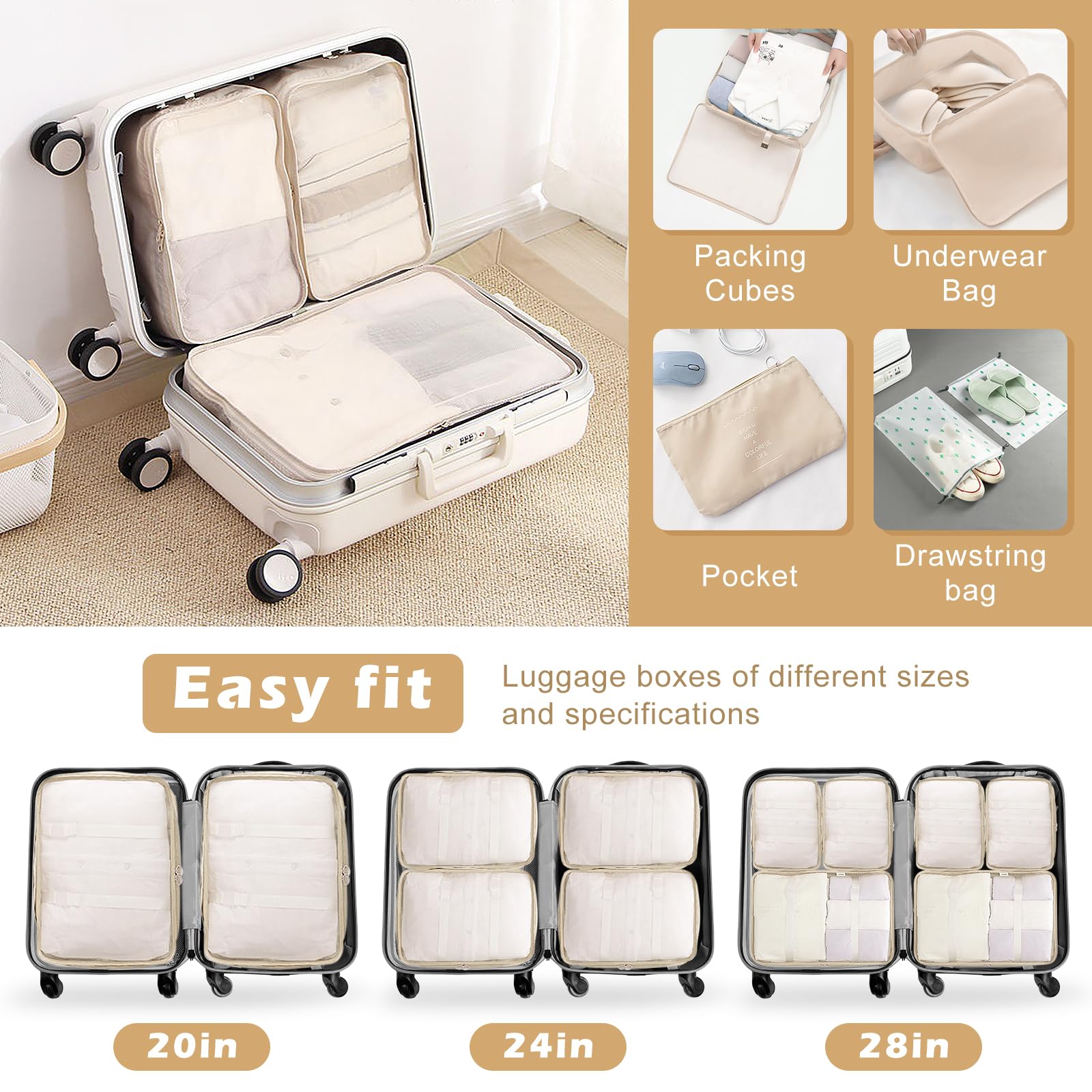 Koffer Organizer Set 13-teilig, Wasserdicht Packing Cubes, Multifunktionale Travel Packwürfel, Kofferorganizer Packtaschen für Koffer, Reise Organizer Set Mit Kleidertaschen (Beige)