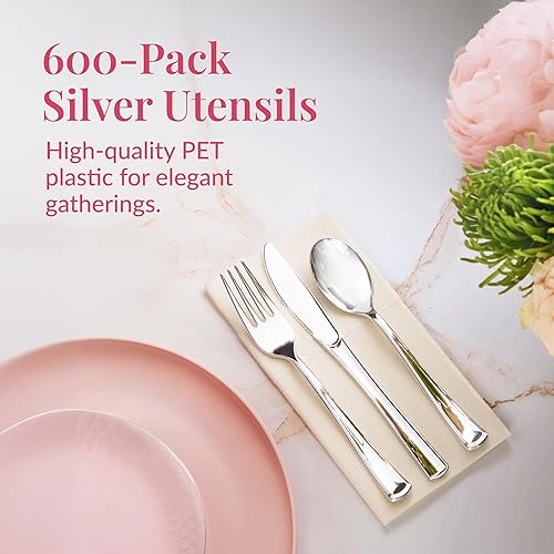 Vista 42 de Prestee - Juego de cubiertos desechables de plástico, 300 unidades, 100 tenedores / cucharas / cuchillos, desechables, color plateado
