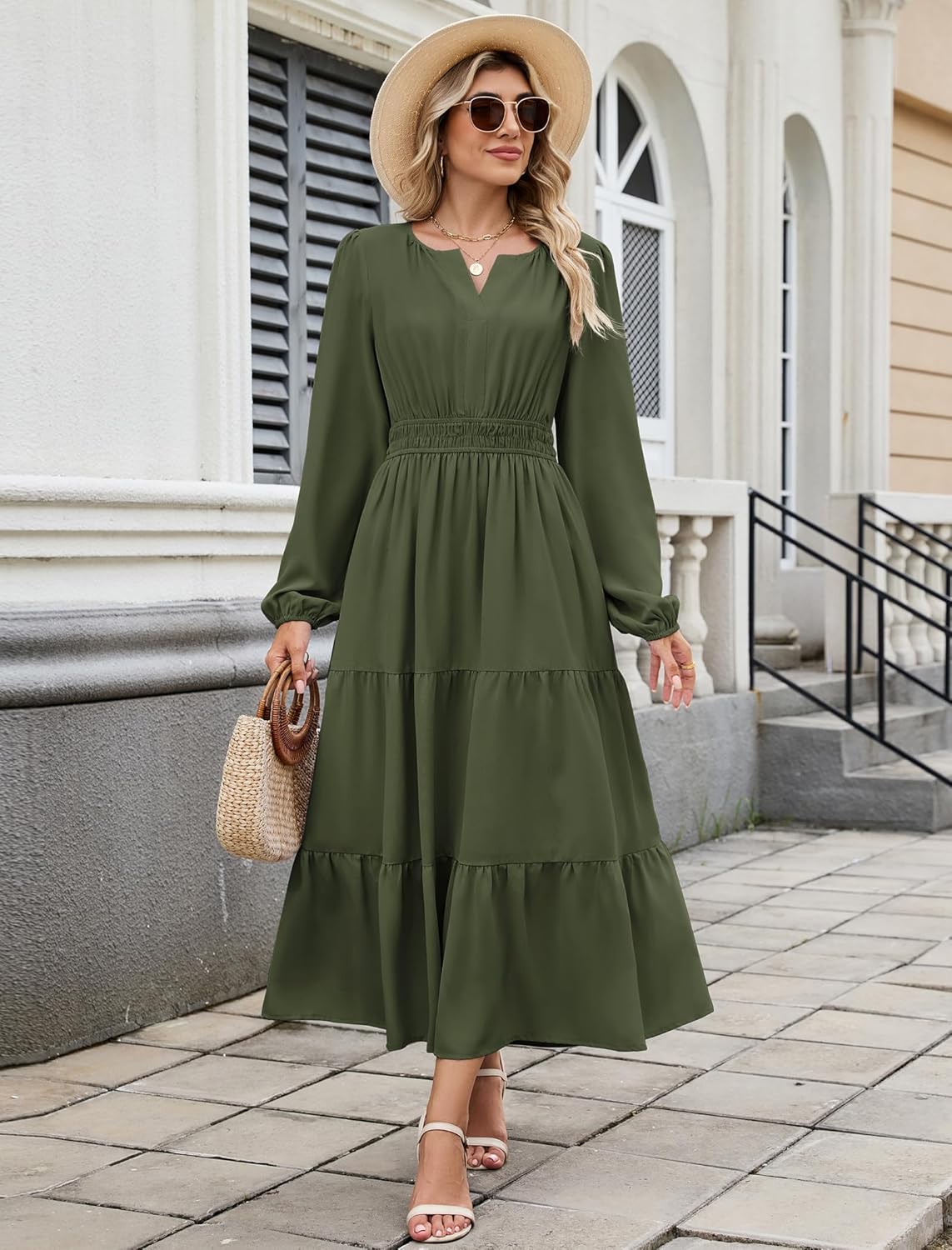 ZAFUL Womens Fall Maxi Dresses 2025 Puff Long Sleeve V Neck High Waist A Line Long Flowy Tiered Wedding Guest Dress Pockets - Image 3
