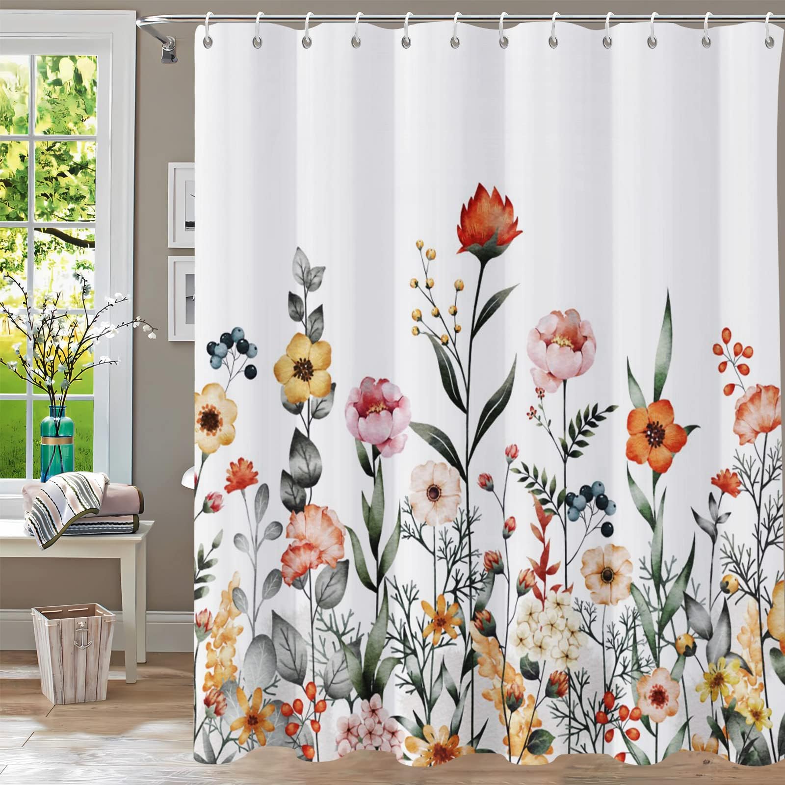 Nulpen Flower Eucalyptus Shower Curtains For Bathroom, Watercolor Leaf Bath Curtain Waterproof Plant Leaves Fabric Cloth With Hooks(120X180cm/Wxh/Flower)