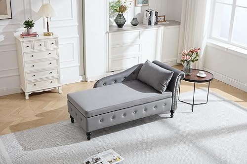 Chaise Lounge Indoor with Storage, Upholstered Chaise Lounges Couch with Pillow for Living Room, Bedroom and Office, Modern Nailhead-Trimmed Tufted