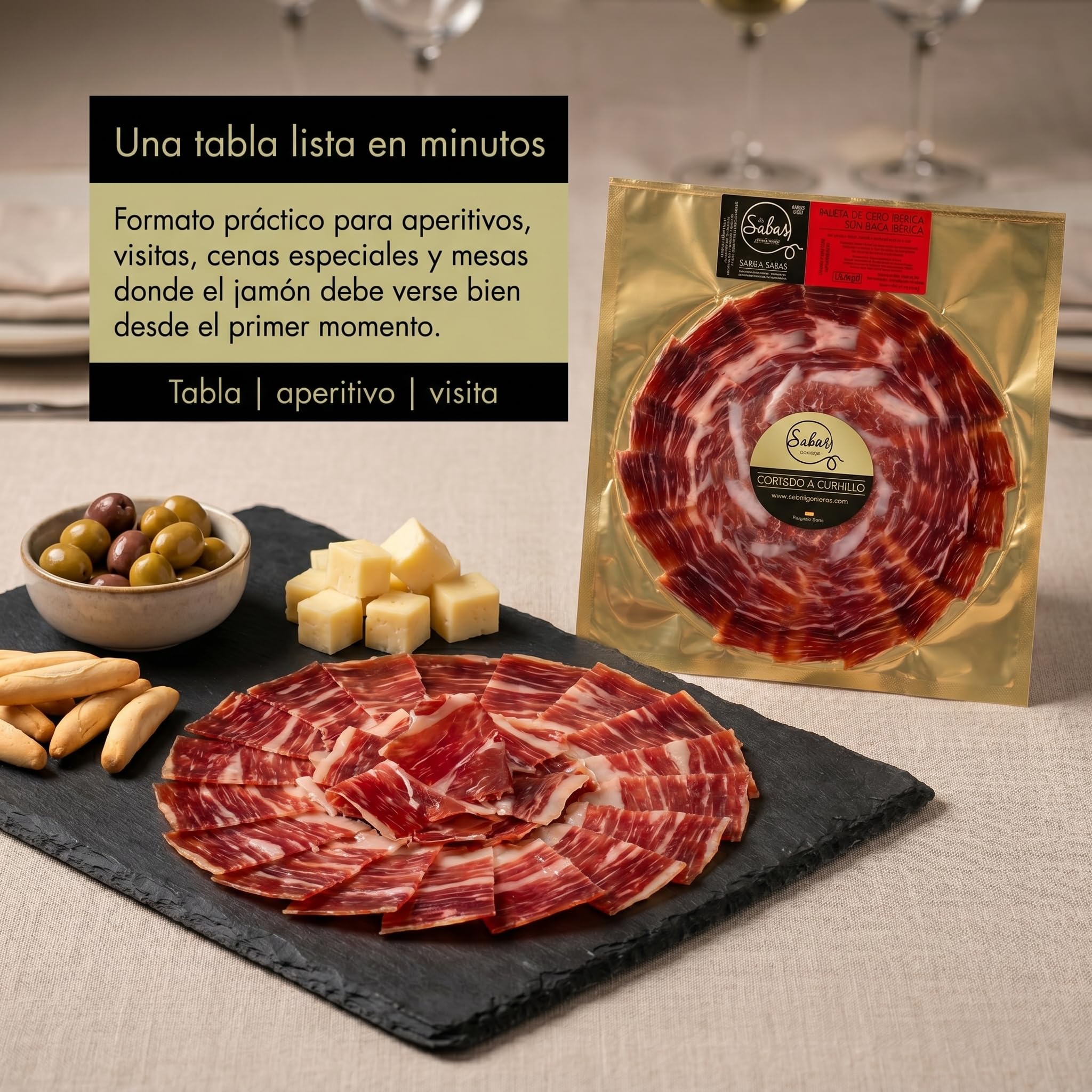 SABE A SABAS Jamon Bellota Iberico 75% Raza Iberica 5 Platos 100 g Cortado a Cuchillo Envasado al Vacio Curacion 36 Meses Loncheado Gourmet Regalo Premium Tabla Aperitivo Dehesa Espanola Fiesta