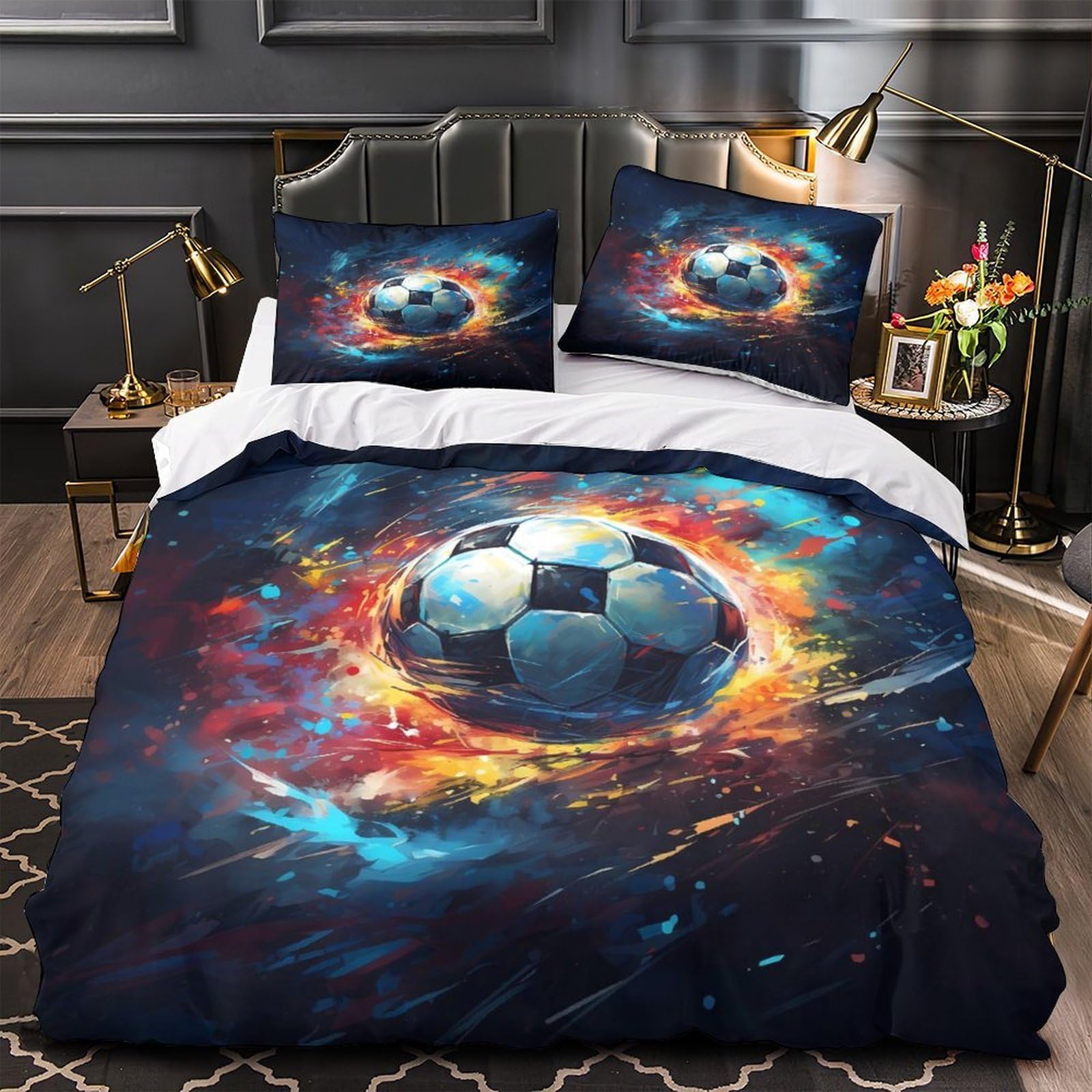 Housse de couette football 3D en microfibre 220x240cm avec taies d'art du sport