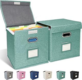 2 Pack Hanging File Folder Box with Lid, Durable Letter Size Filing Storage Box, Sturdy File Holder with Cardboard Support PVC Rails for Office Home Organizer, Green