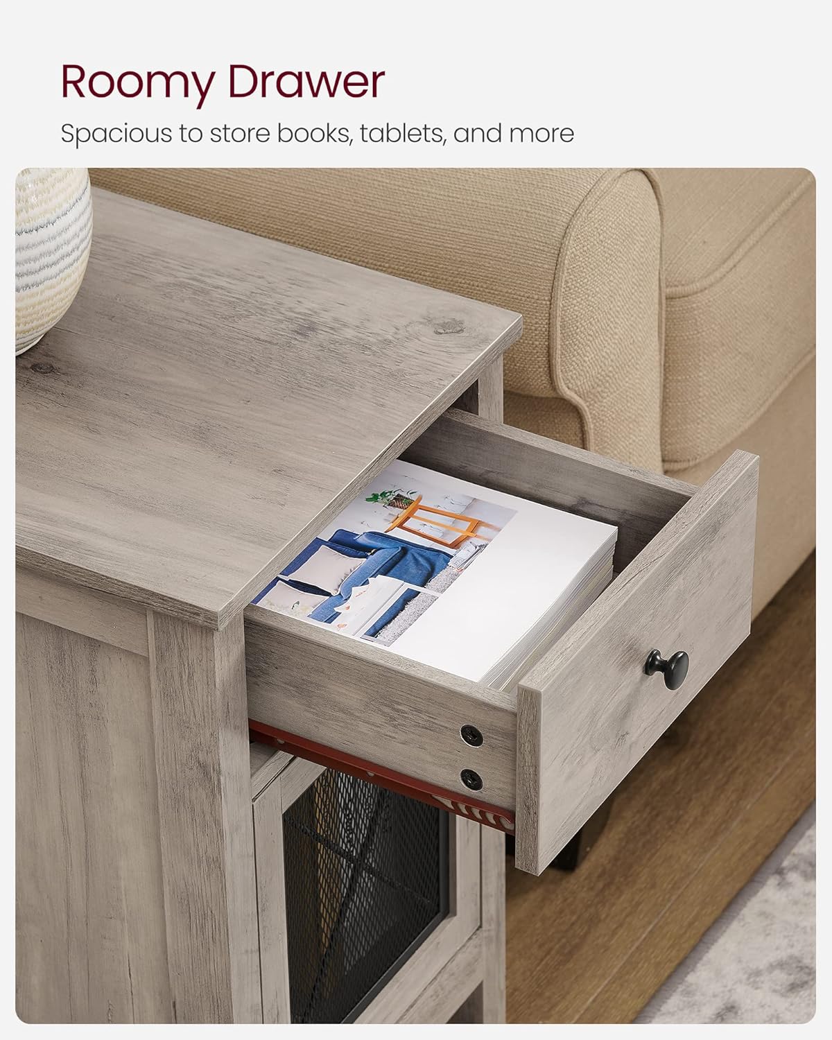 Greige MDF and Particleboard Side Table with Storage and Charging Station