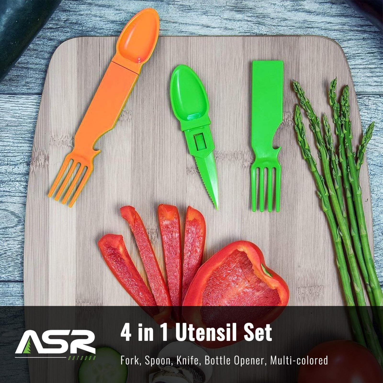 ASR Outdoor 3 in 1 Portable Plastic Utensils Flatware Camping Accessories, Green