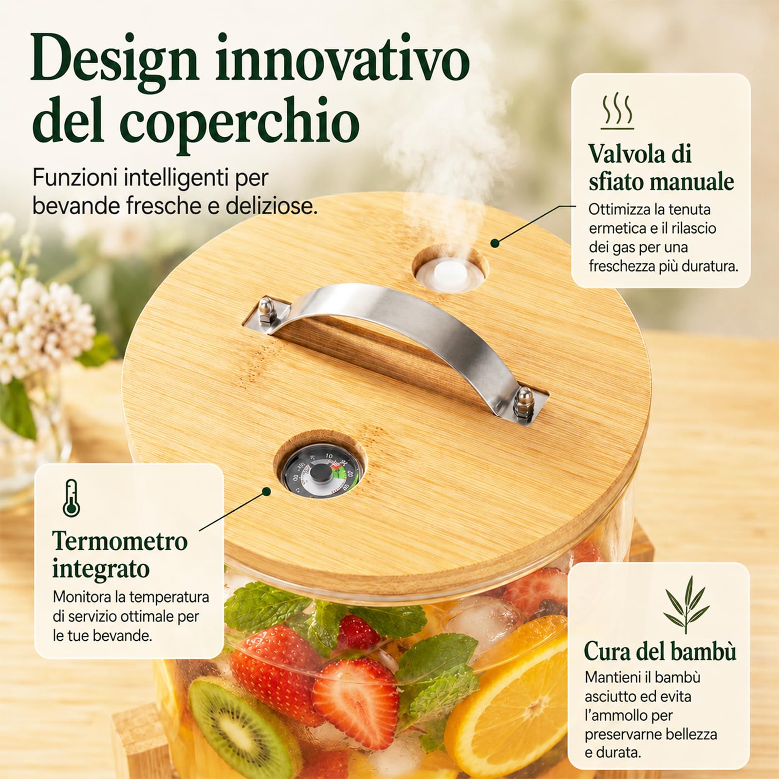 Dispenser di bevande in vetro da 5 l, contenitore per limonate con rubinetto in acciaio inox e supporto in bambù, senza BPA, ideale per feste di famiglia, feste di compleanno, campeggio all'aperto