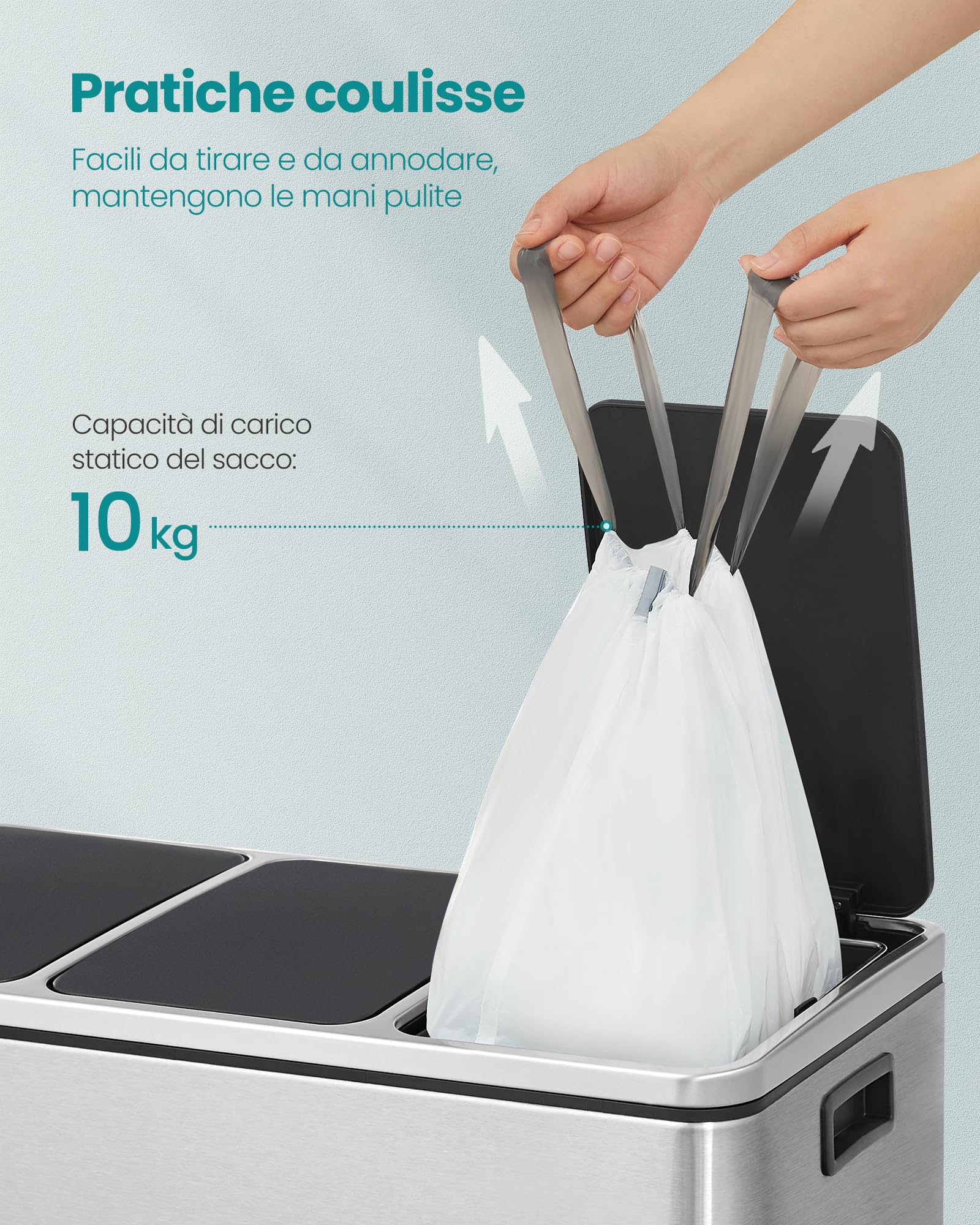 SONGMICS Sacchi Spazzatura, 10 L, Sacchetti per Immondizia Rifiuti con Manici a Cordoncino, 80 Pezzi, Codice R, Resistenti, Scatola per Estrazione Rapida, Bianco Crema KRB011A02