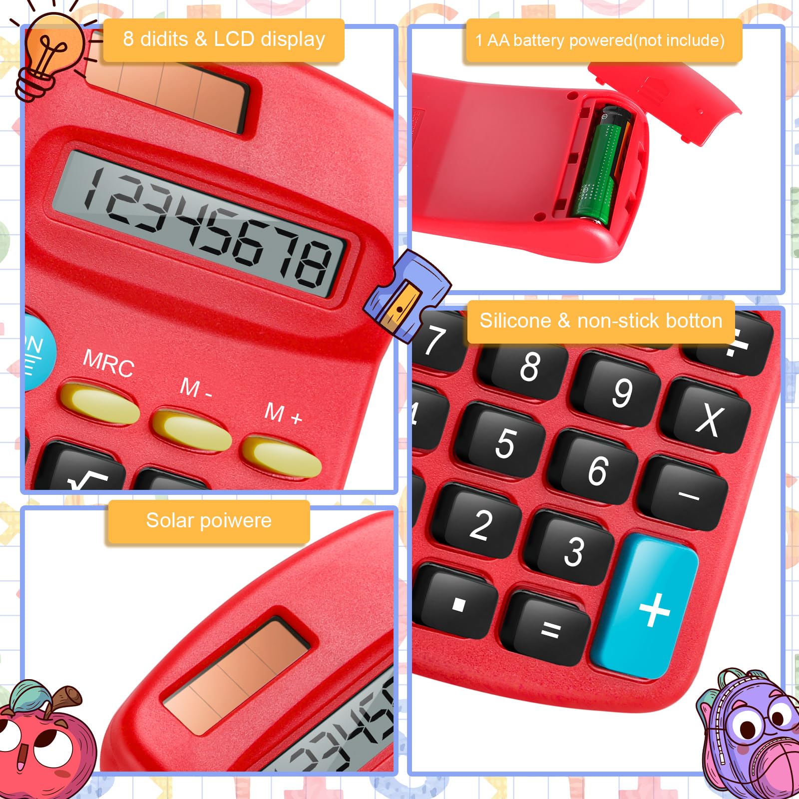 Confezione da 24 mini calcolatrici tascabili per studenti ad angolo portatile, display a 8 cifre, batteria solare, doppia alimentazione, piccola calcolatrice per studenti, bambini, casa, ufficio (12