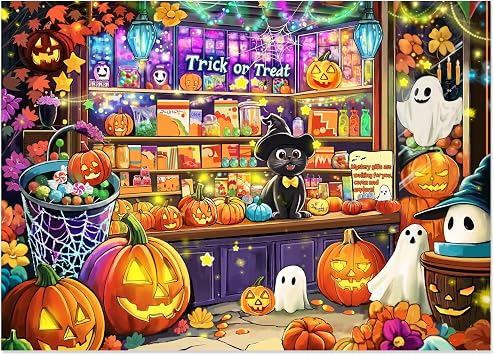 Halloween Witch Cat Puzzles - Candy Store Them - 1000 Piece Jigsaw Puzzle for Adults Challenging Puzzle Perfect for Game Nights, Home Decor & Gifts