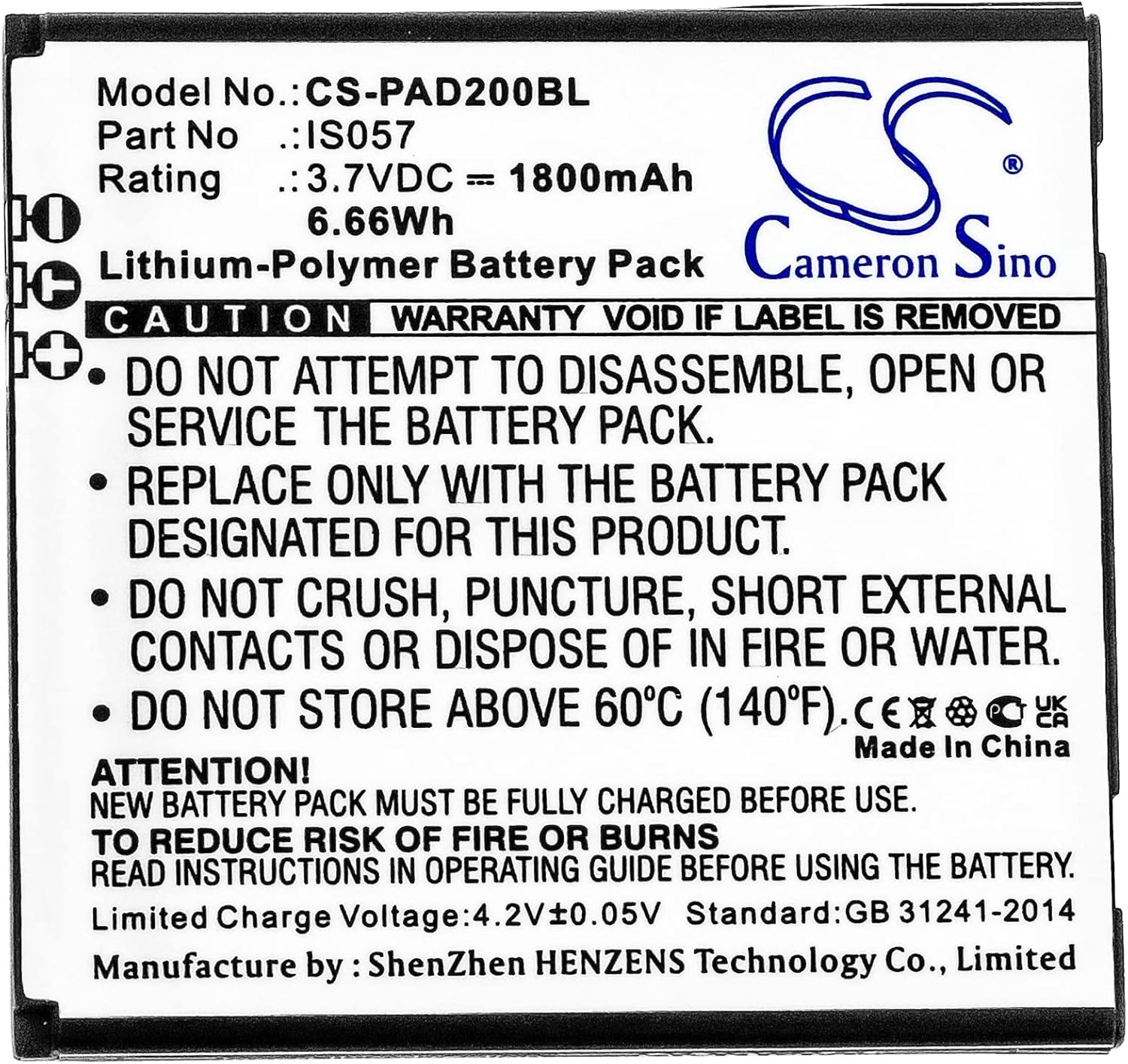 Cameron Sino Battery for Pax D200, D200T, IS275 PN:Pax IS057 1800mAh / 6.66Wh
