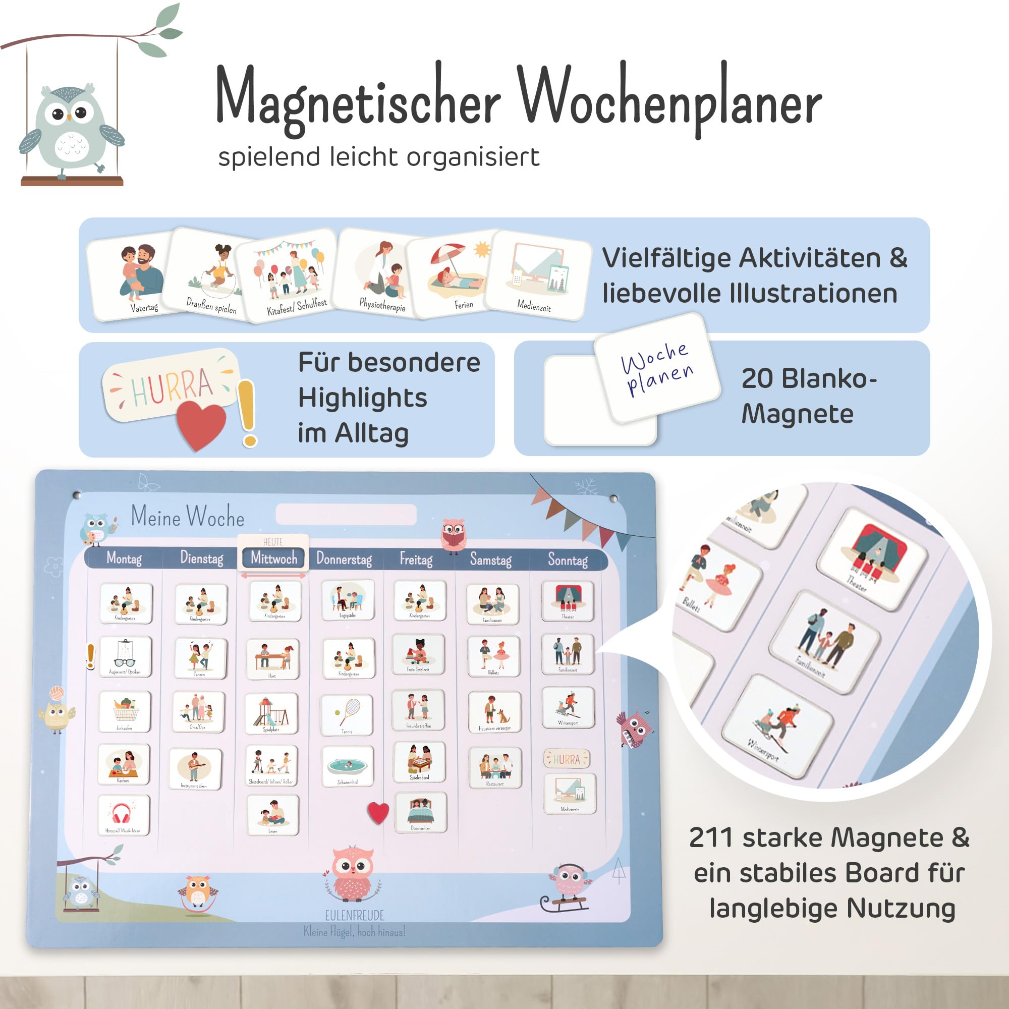 Wochenplaner Kinder - Montessori Magnettafel, 211 Magnete, beschreib- & abwischbar - Wochenplan Kinder fördert Selbstständigkeit & Struktur - Wochenplaner magnetisch mit Zubehör