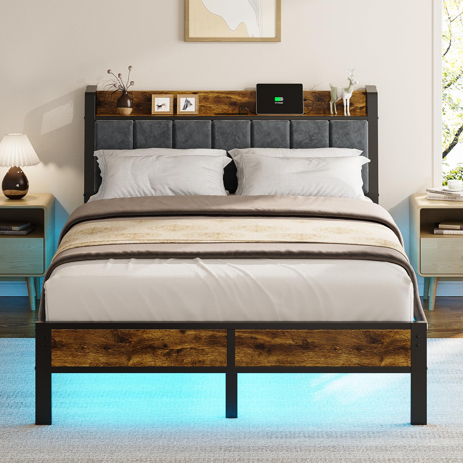 full size bed frame with smart led light, wood storage charging station headboard, metal platform bed, no box spring required, easy assembly, noise free