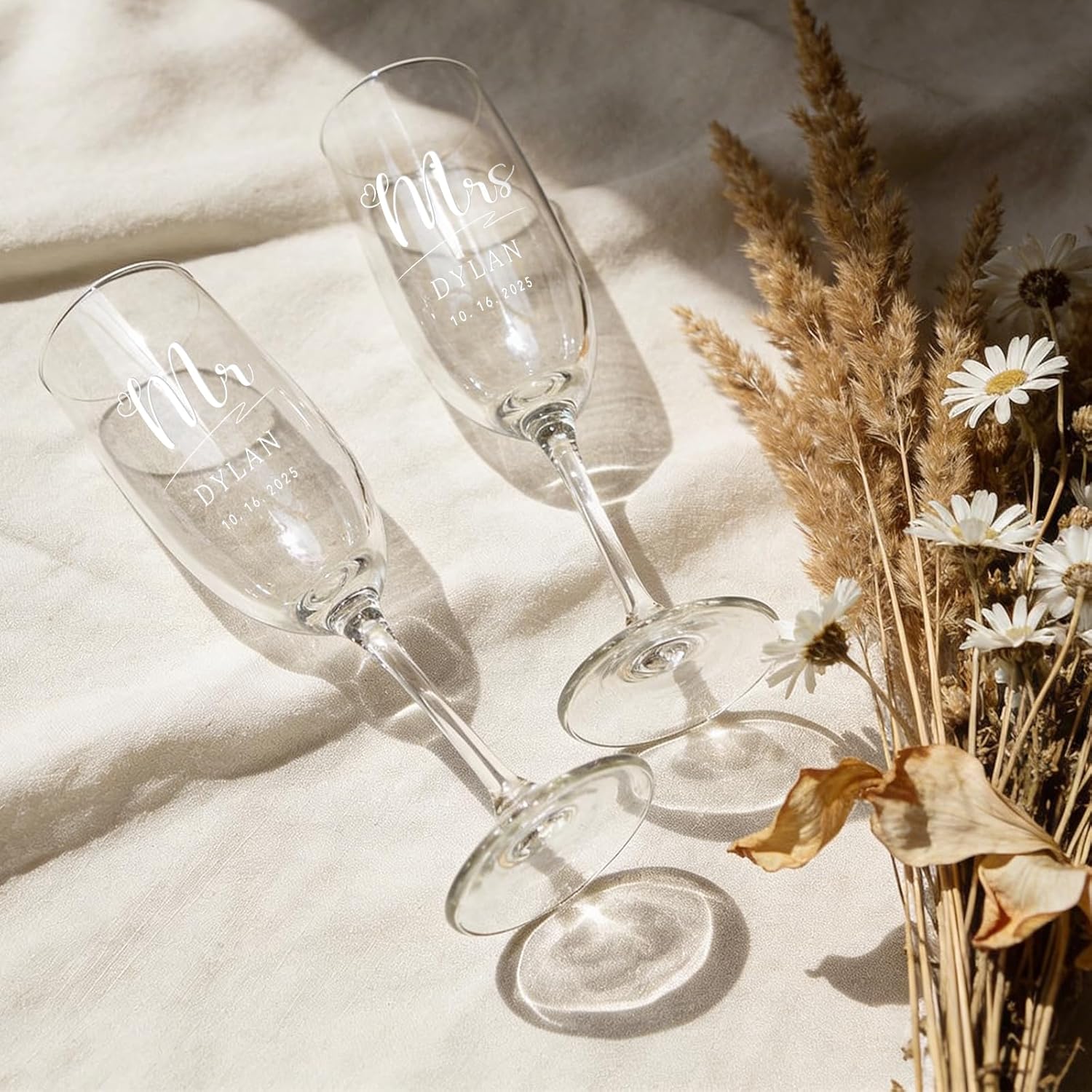 Mr & Mrs Personalized Champagne Flutes - Custom Engraved Wedding Gifts Customized Crystal Glasses for Couple Set of 2 Anniversary Engagements Anniversary Bridal Shower Party - Image 7