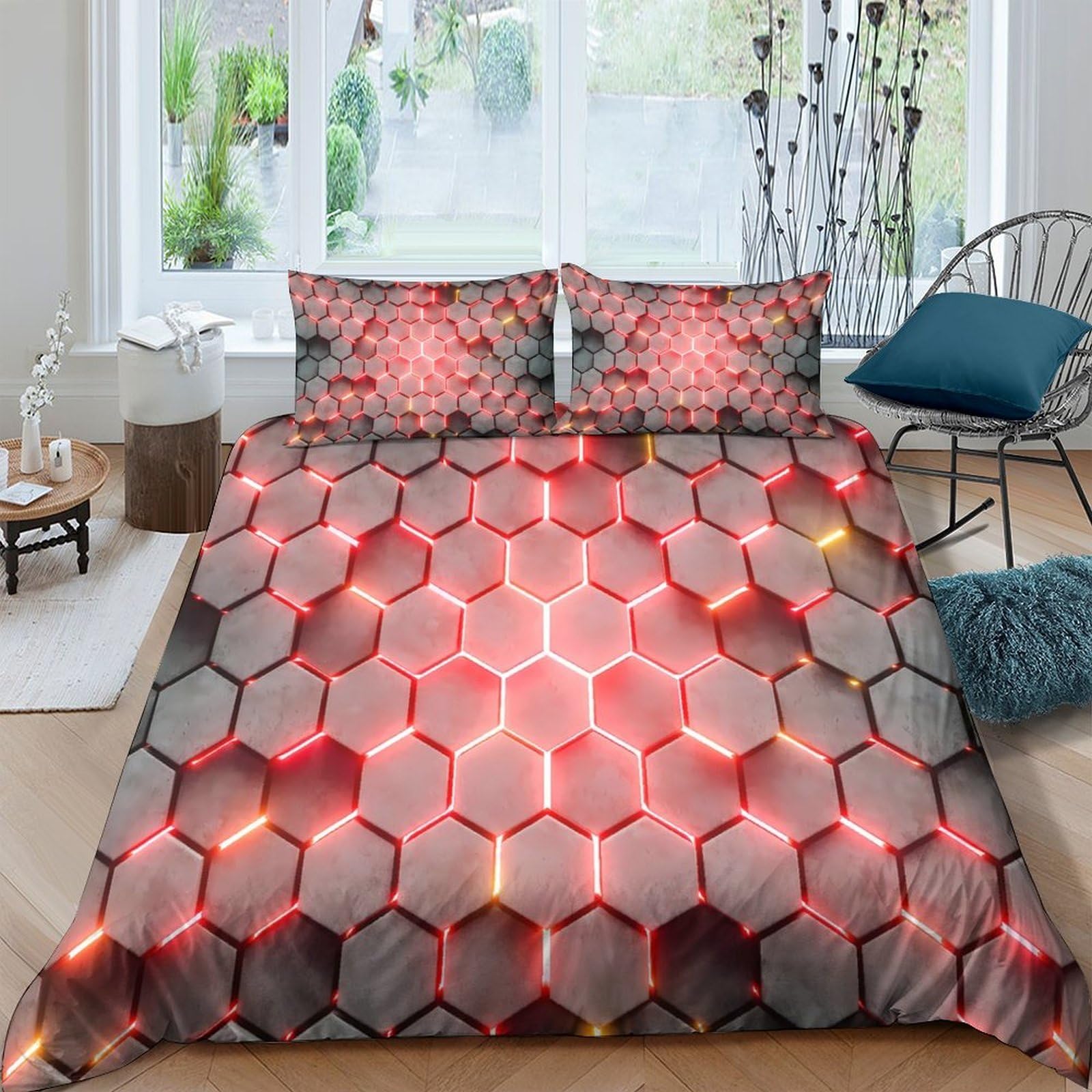 Ctjqhvkz Style-10 3D Printed Hexagon Grid Fitted Sheet Microfiber Red Geometric Mattress Cover Slip-Resistant Washable For Bedroom Decor Single（135X200cm）