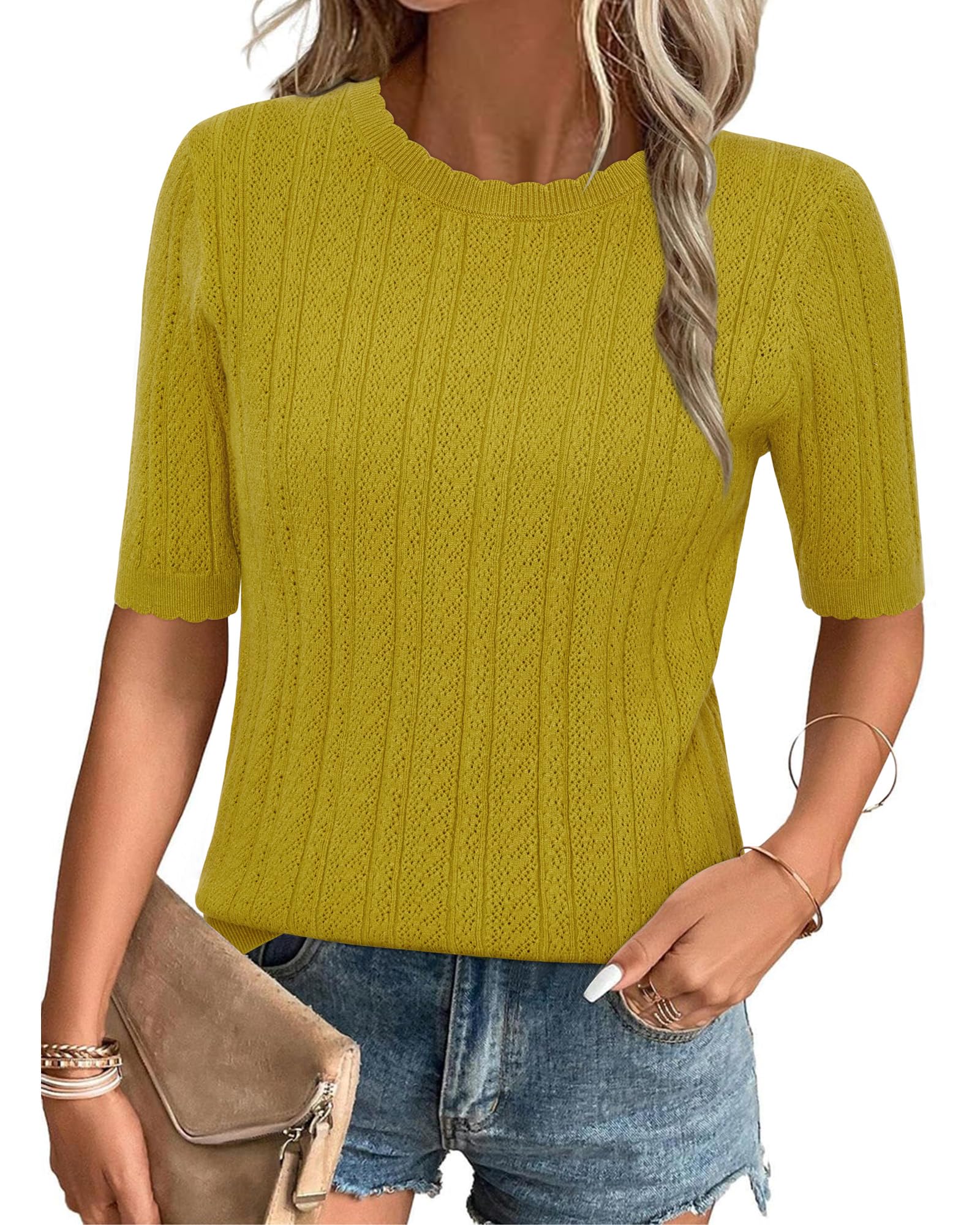 Arach&Cloz Pull à Manches Courtes pour Femme, été, Automne, Hiver, Chemise tricotée, décontracté, col Rond