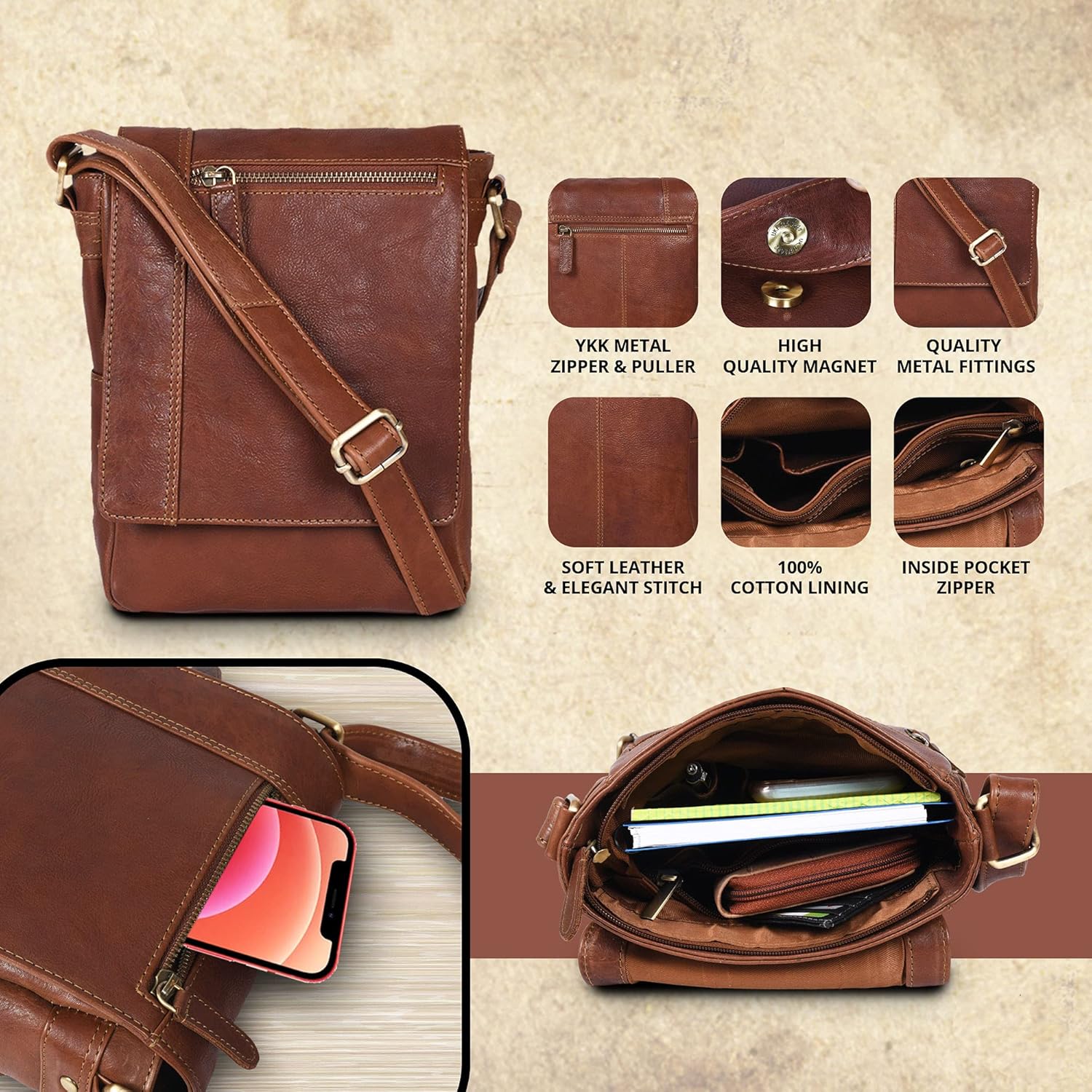 VALENCHI- Genuine Leather Medium Size Crossbody Messenger bag for Men & Women, Perfect Travel Partner